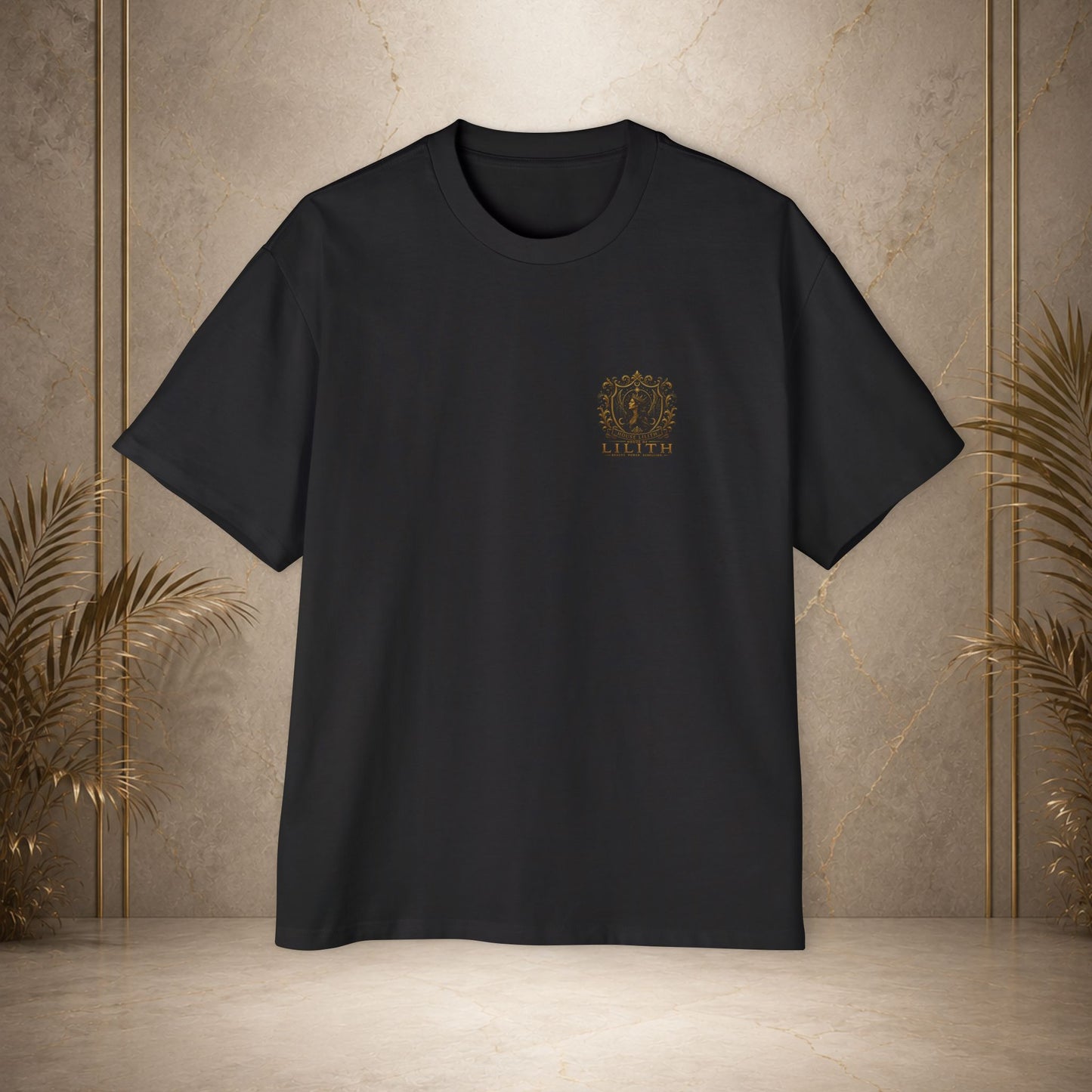 Oversized Tee — "Beauty, Power, Rebellion" Gold House Lilith Crest