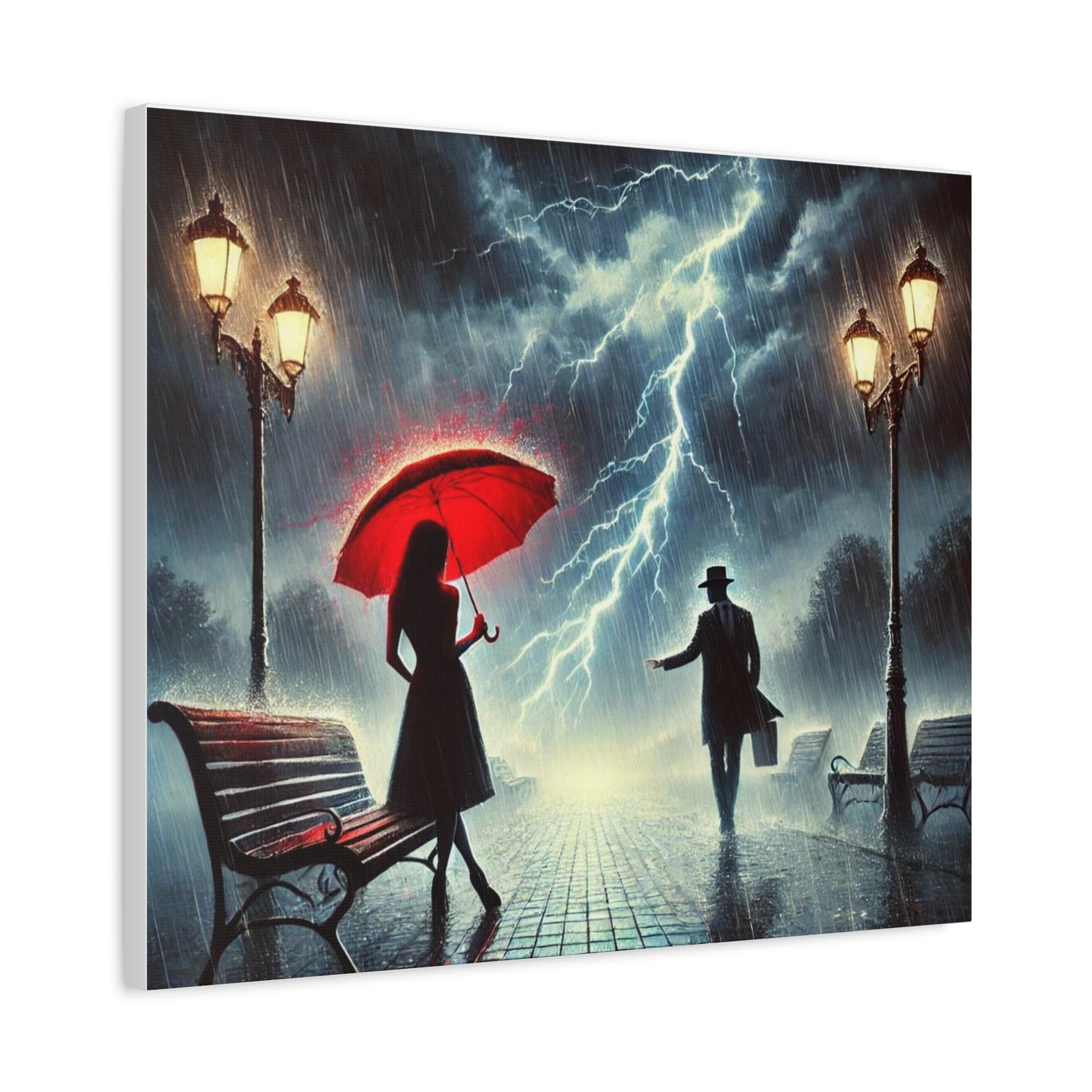Rainy Night Romance Canvas Print — Woman with Red Umbrella Street Scene