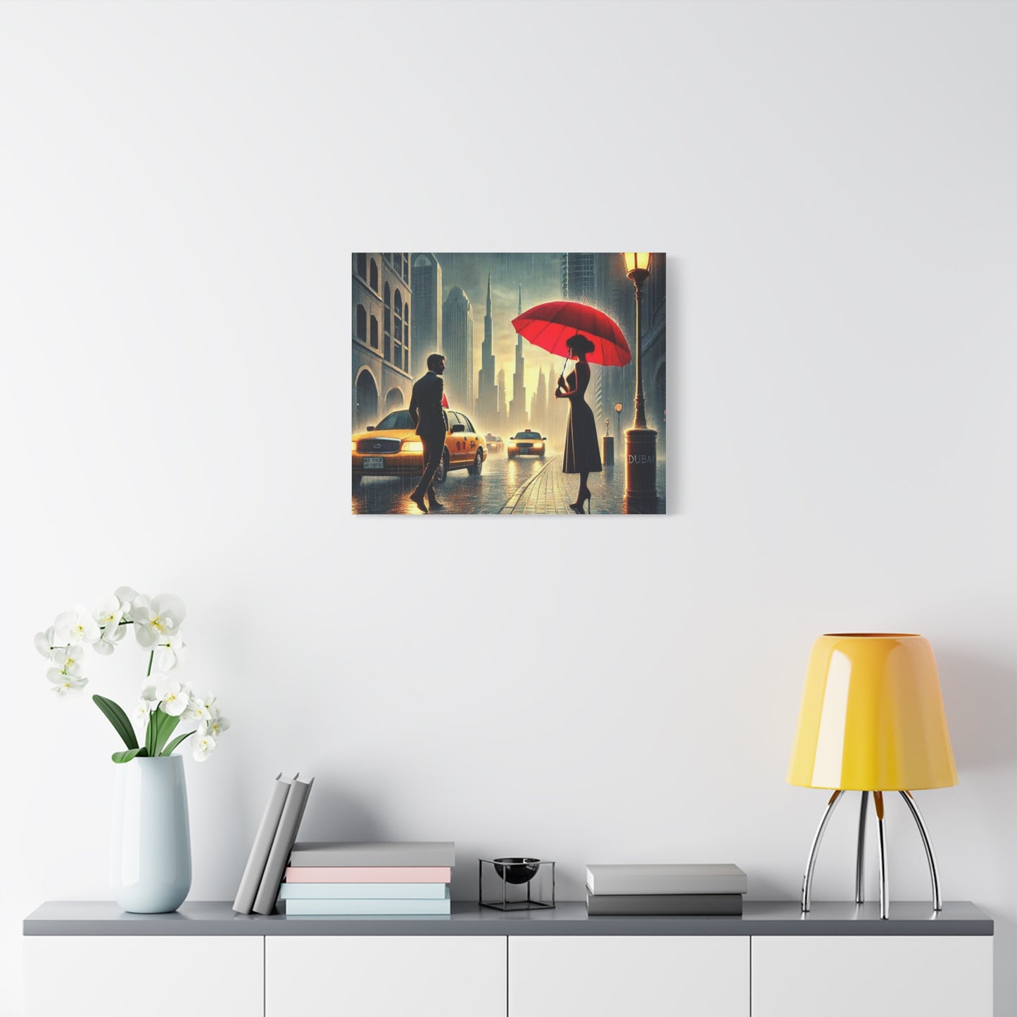 Rainy Night Romance Canvas Print — Woman with Red Umbrella Street Scene Dubai