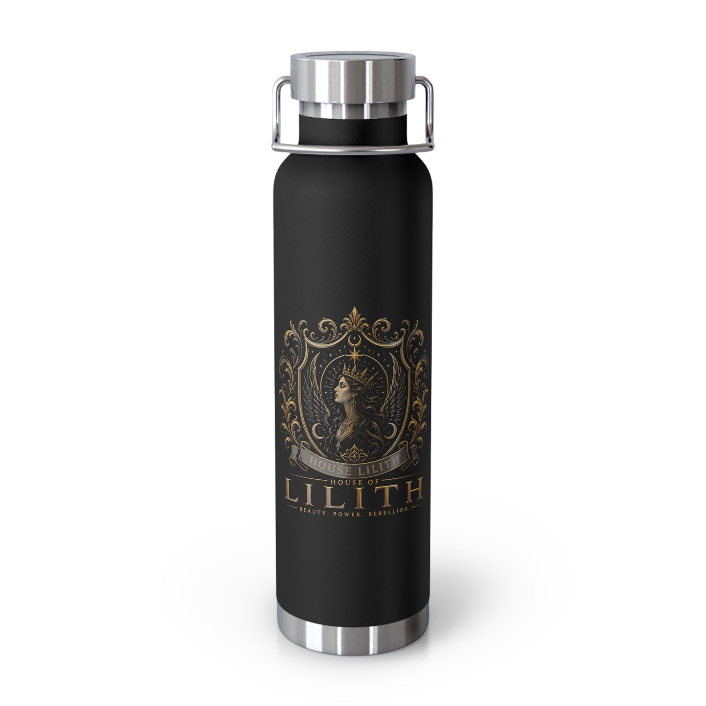 22oz Copper Vacuum Insulated Bottle — Black Matte with Ornate Gold Lilith Crest