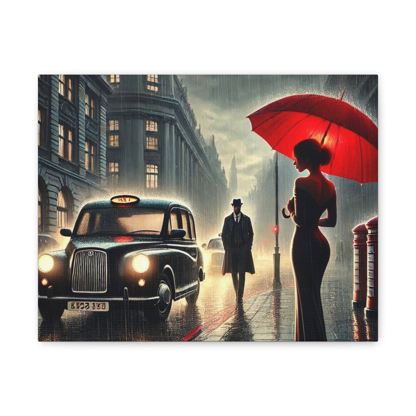 Rainy Night Romance Canvas Print — Woman with Red Umbrella Street Scene London