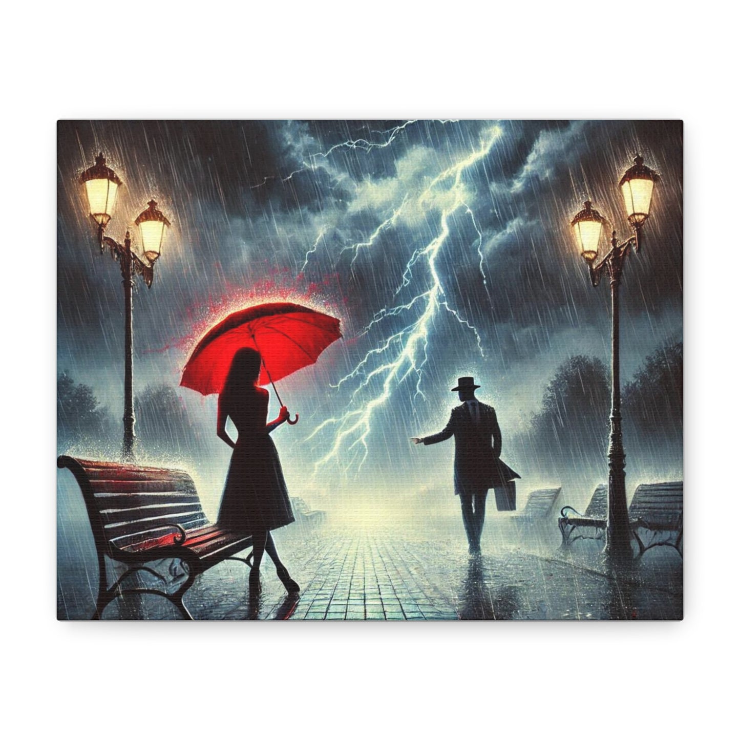 Rainy Night Romance Canvas Print — Woman with Red Umbrella Street Scene