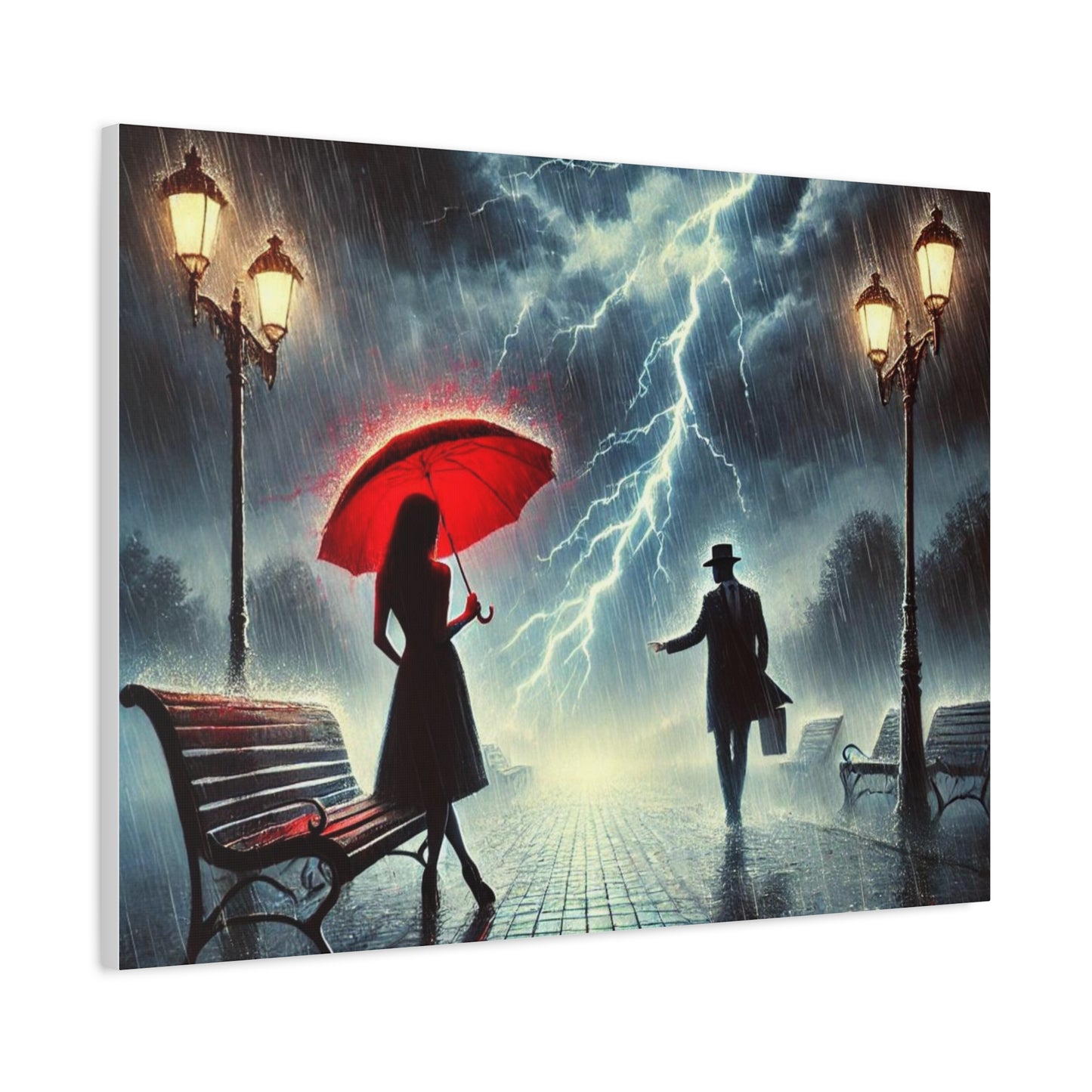 Rainy Night Romance Canvas Print — Woman with Red Umbrella Street Scene