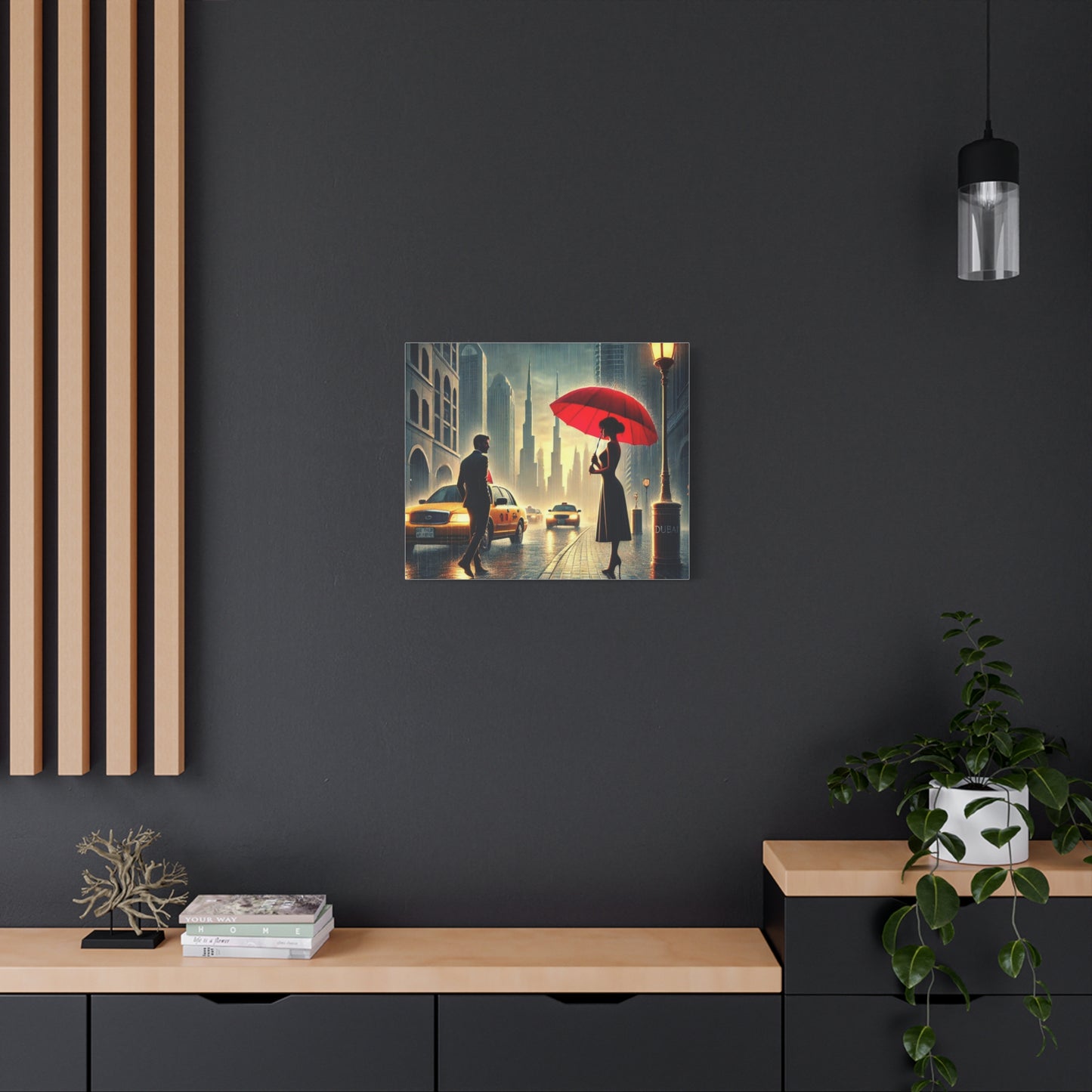 Rainy Night Romance Canvas Print — Woman with Red Umbrella Street Scene Dubai