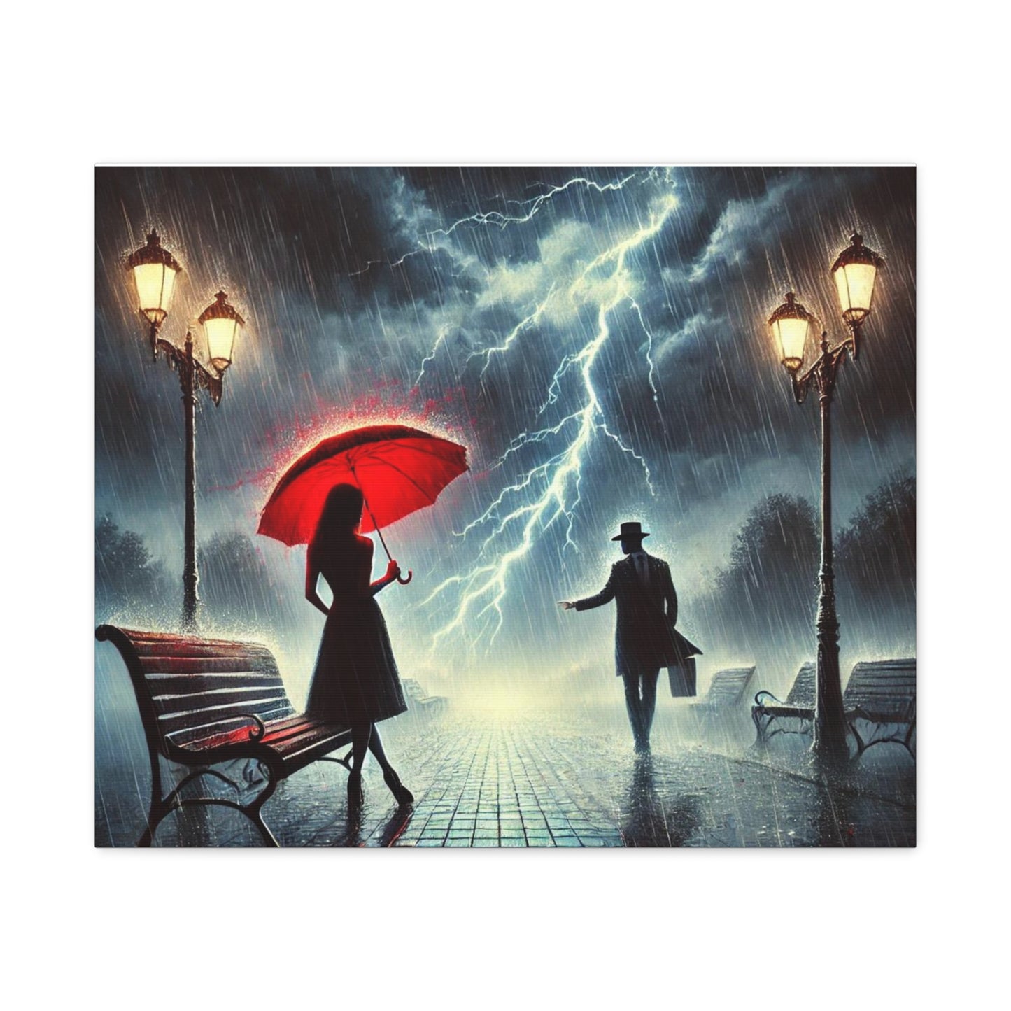 Rainy Night Romance Canvas Print — Woman with Red Umbrella Street Scene
