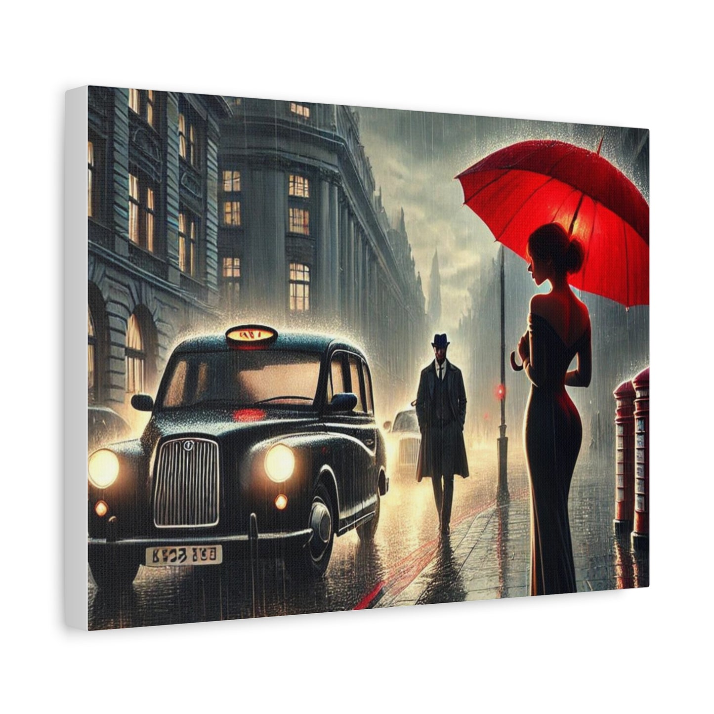 Rainy Night Romance Canvas Print — Woman with Red Umbrella Street Scene London