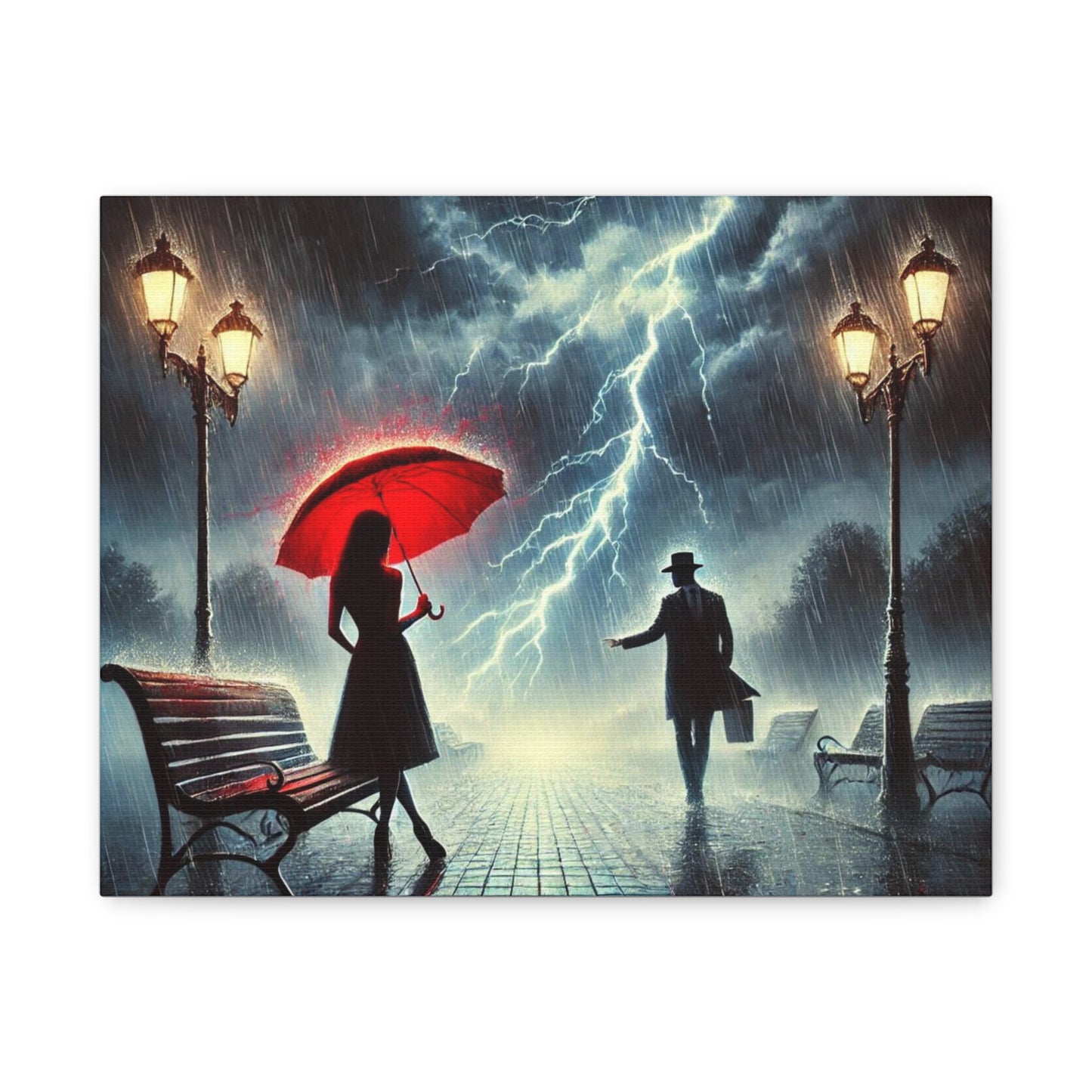 Rainy Night Romance Canvas Print — Woman with Red Umbrella Street Scene