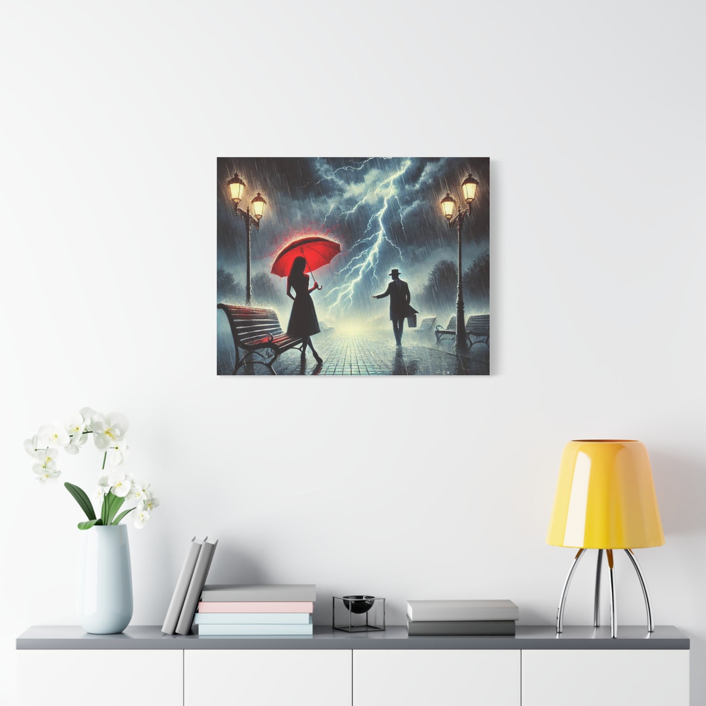 Rainy Night Romance Canvas Print — Woman with Red Umbrella Street Scene