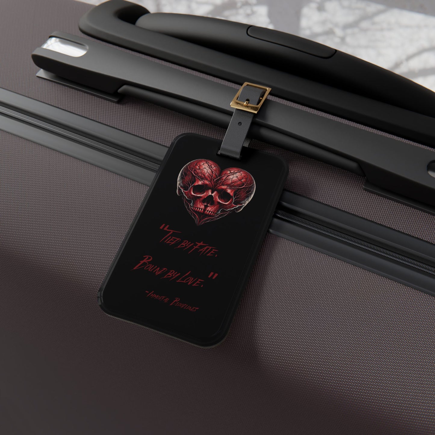 Luggage Tag - Red Skull Heart Design with Quote “Tied by Fate, Bound by Love”