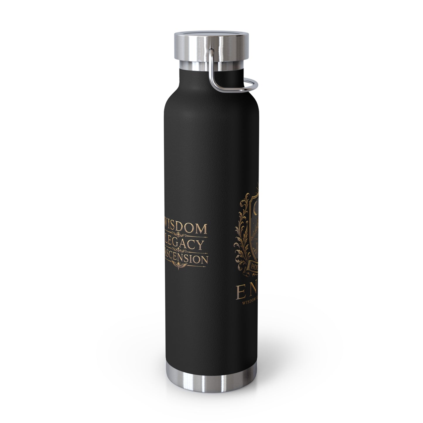 22oz Copper Vacuum Insulated Bottle — Black Matte with Ornate Gold Enoch Crest