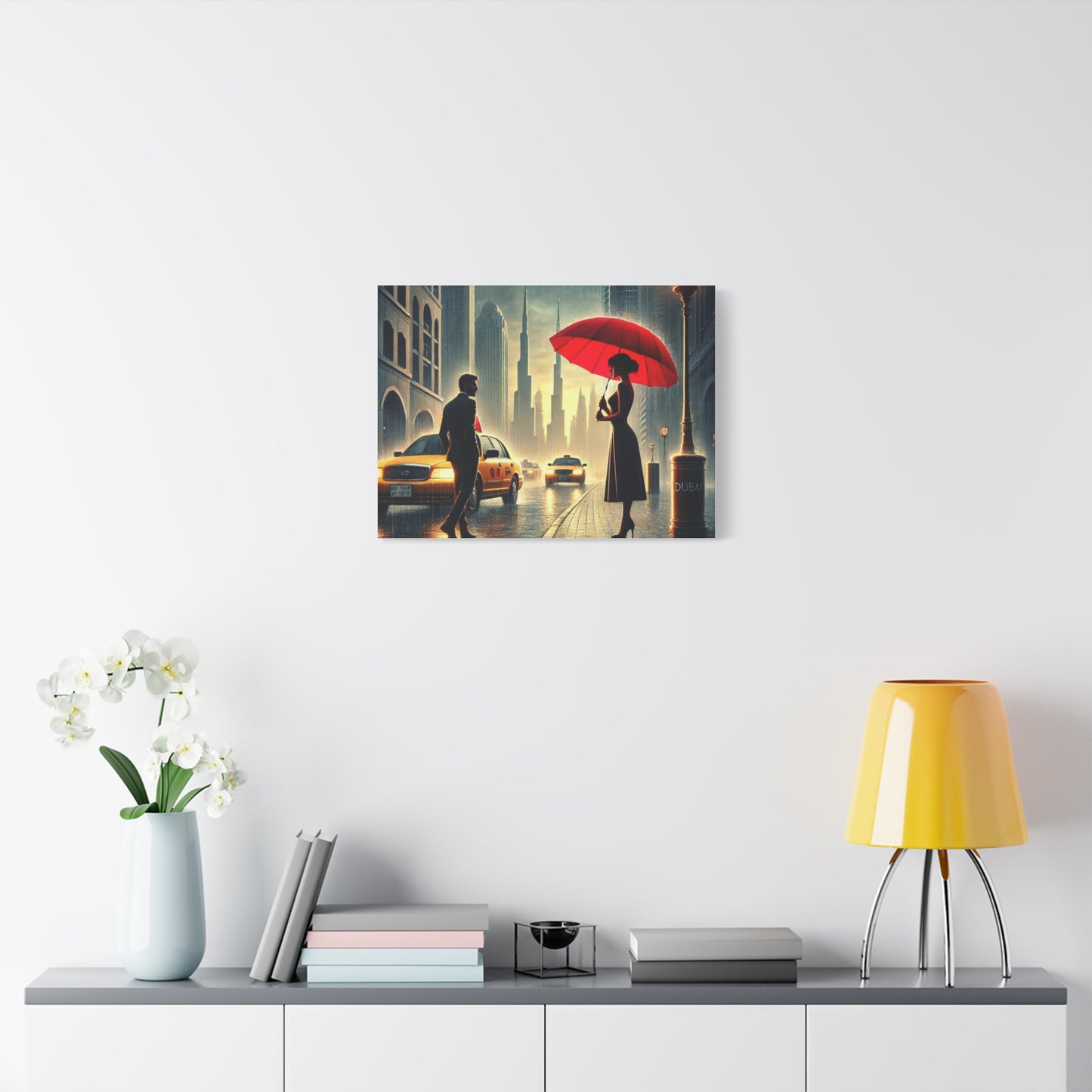 Rainy Night Romance Canvas Print — Woman with Red Umbrella Street Scene Dubai