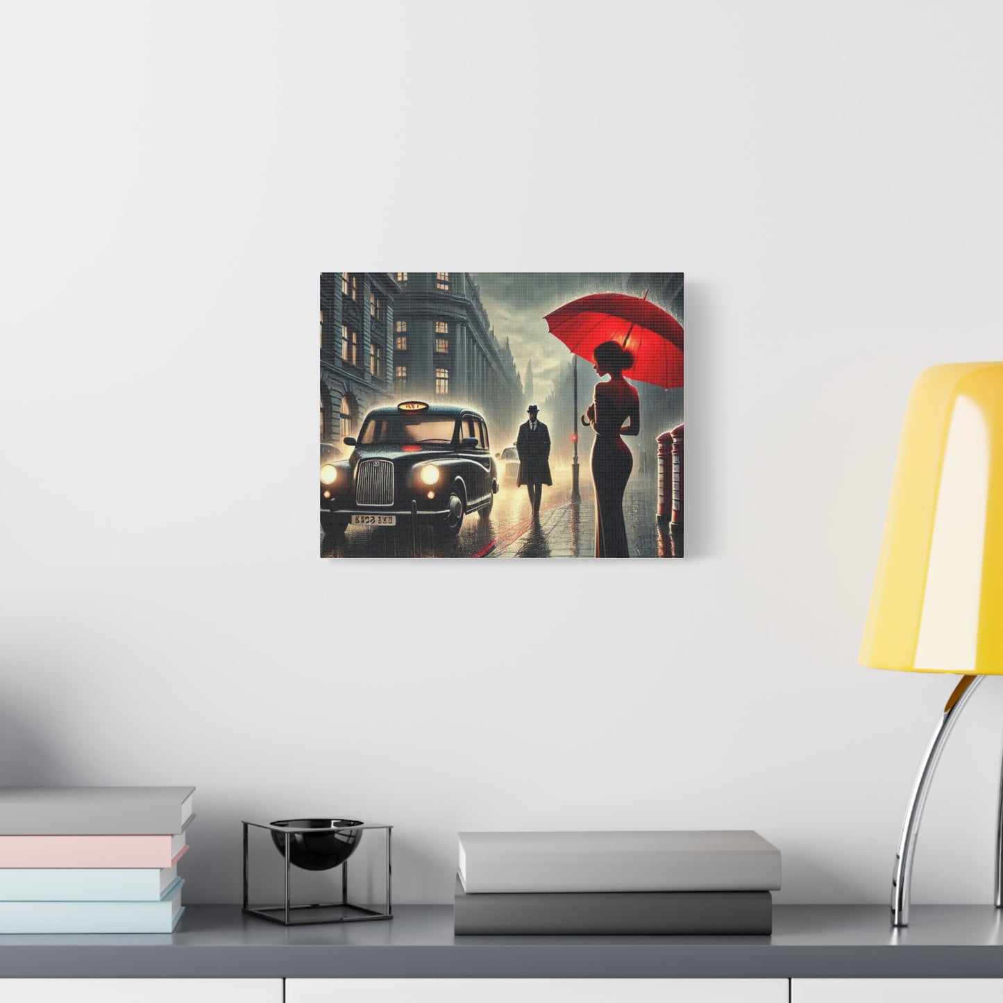 Rainy Night Romance Canvas Print — Woman with Red Umbrella Street Scene London
