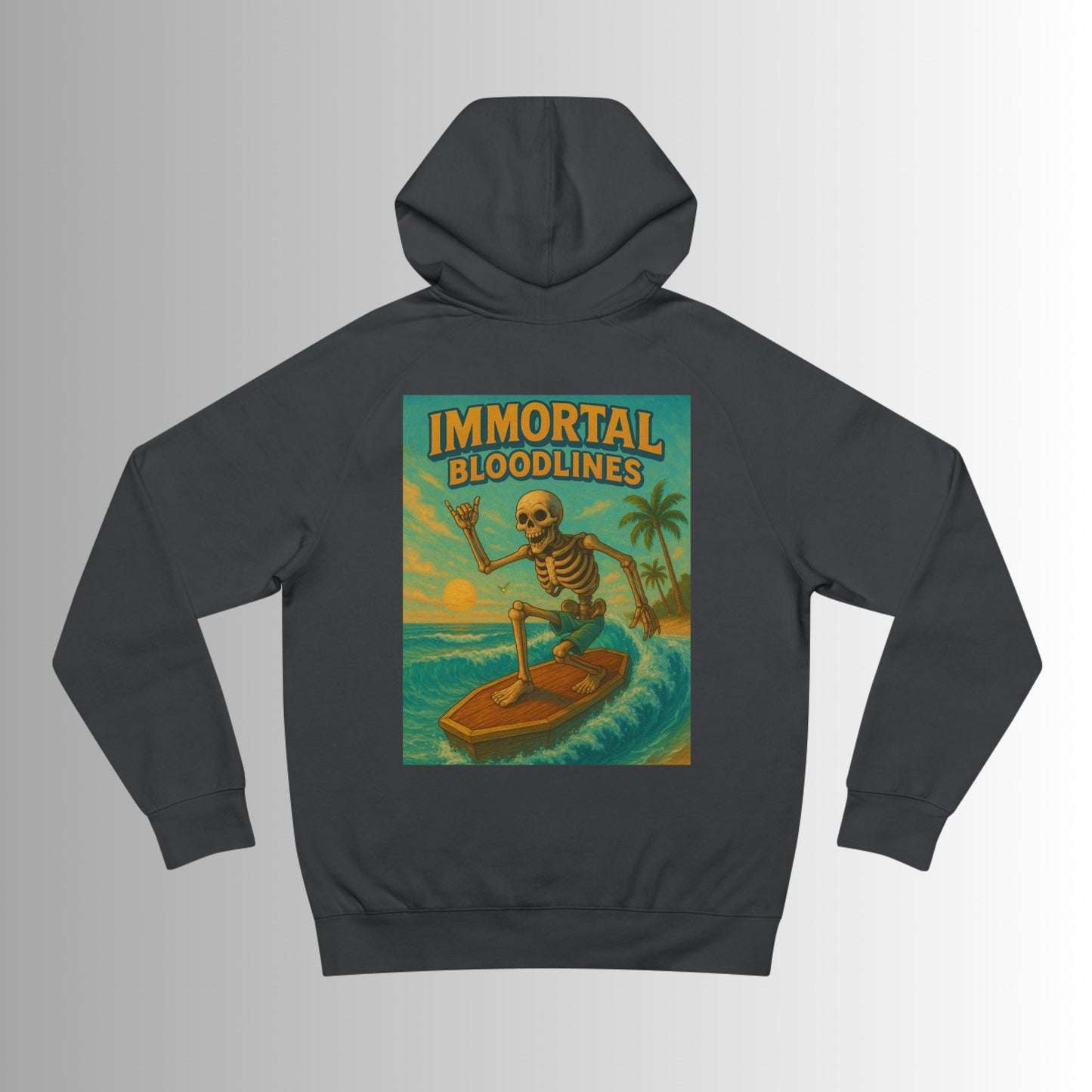 IB Surf Shack Hoodie — Retro Wave Skeleton Surf Graphic Pullover