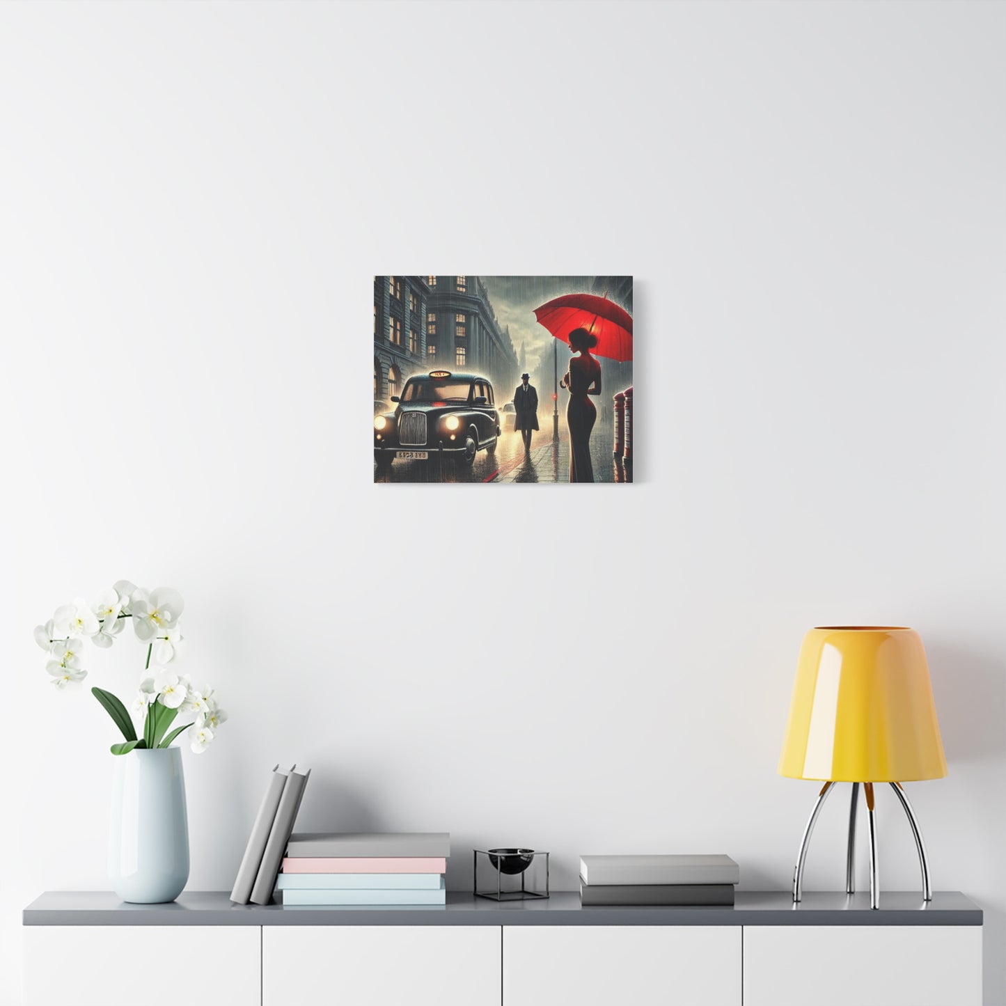 Rainy Night Romance Canvas Print — Woman with Red Umbrella Street Scene London