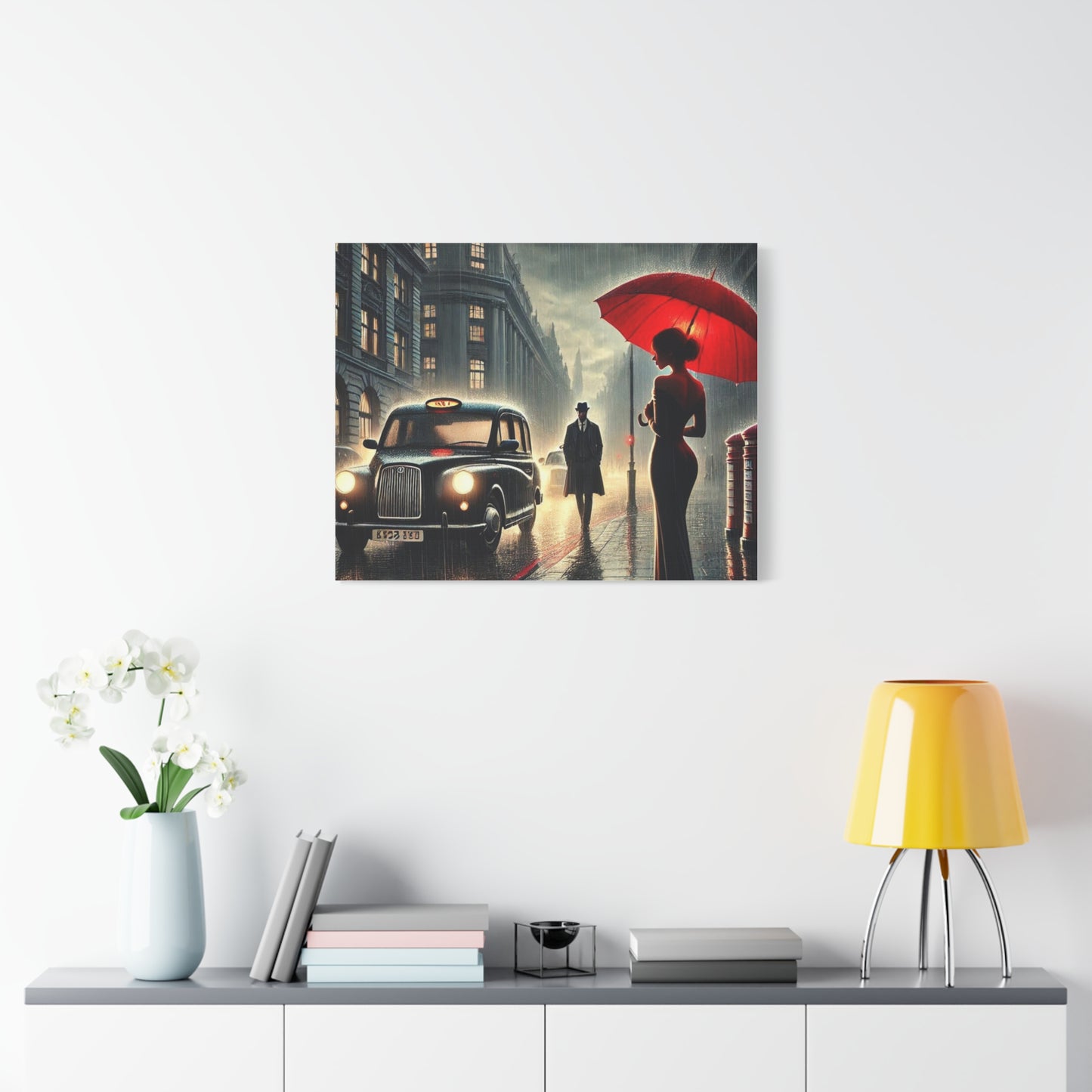 Rainy Night Romance Canvas Print — Woman with Red Umbrella Street Scene London