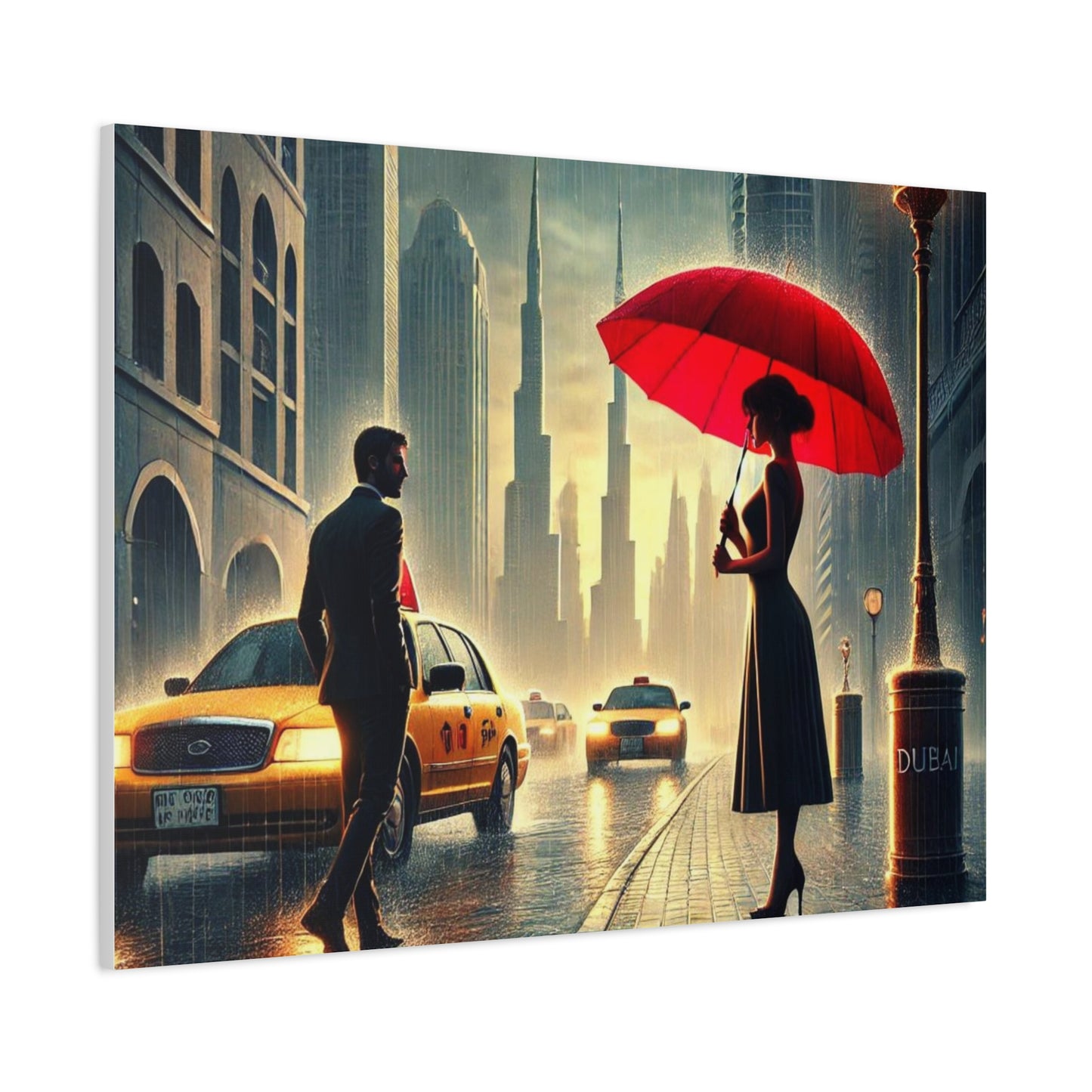 Rainy Night Romance Canvas Print — Woman with Red Umbrella Street Scene Dubai