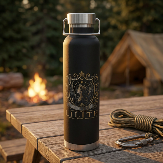 22oz Copper Vacuum Insulated Bottle — Black Matte with Ornate Gold Lilith Crest