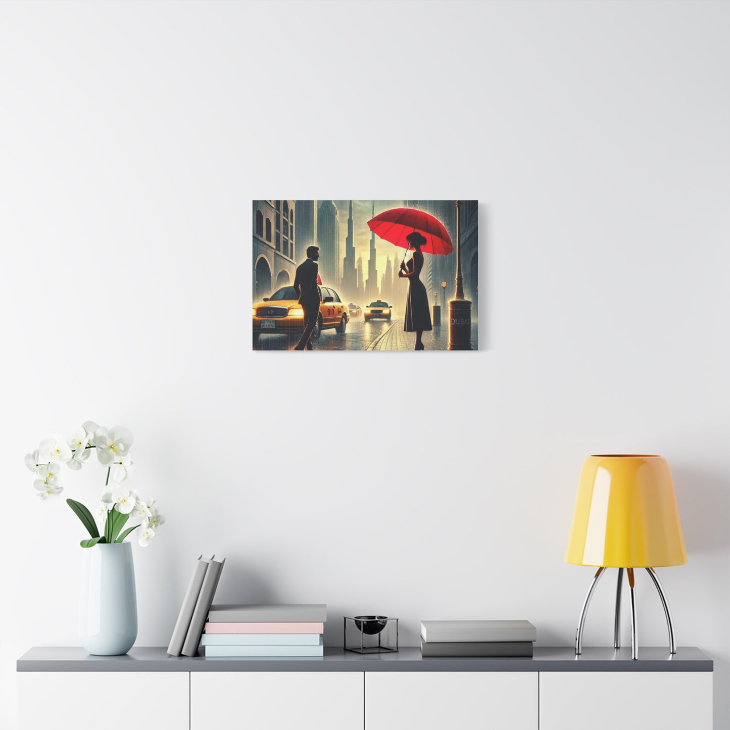 Rainy Night Romance Canvas Print — Woman with Red Umbrella Street Scene Dubai