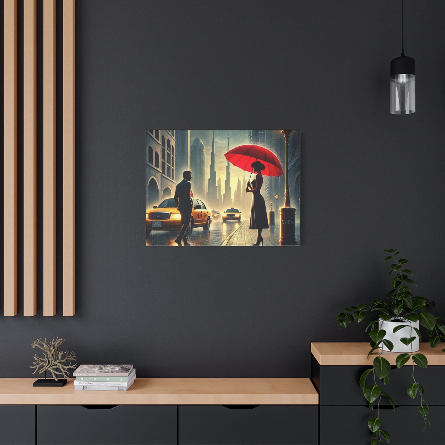 Rainy Night Romance Canvas Print — Woman with Red Umbrella Street Scene Dubai