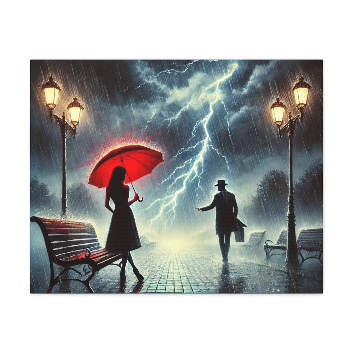 Rainy Night Romance Canvas Print — Woman with Red Umbrella Street Scene