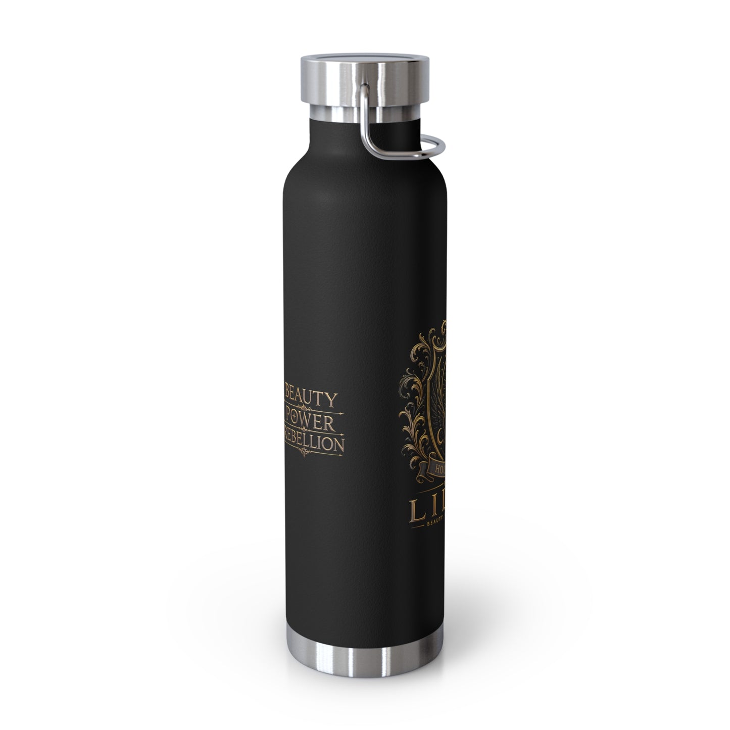 22oz Copper Vacuum Insulated Bottle — Black Matte with Ornate Gold Lilith Crest