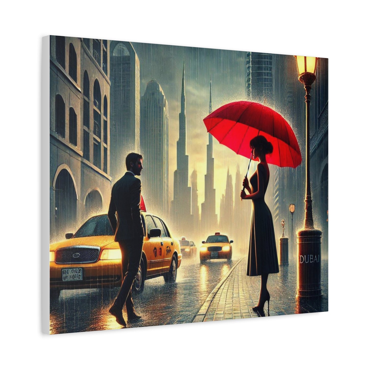Rainy Night Romance Canvas Print — Woman with Red Umbrella Street Scene Dubai
