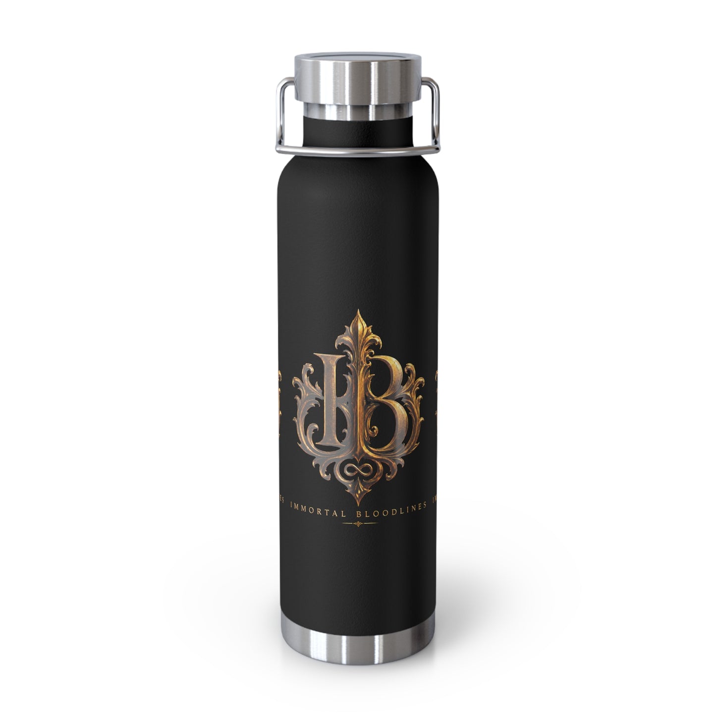 22oz Copper Vacuum Insulated Bottle — Black Matte with Ornate Gold IB Monogram