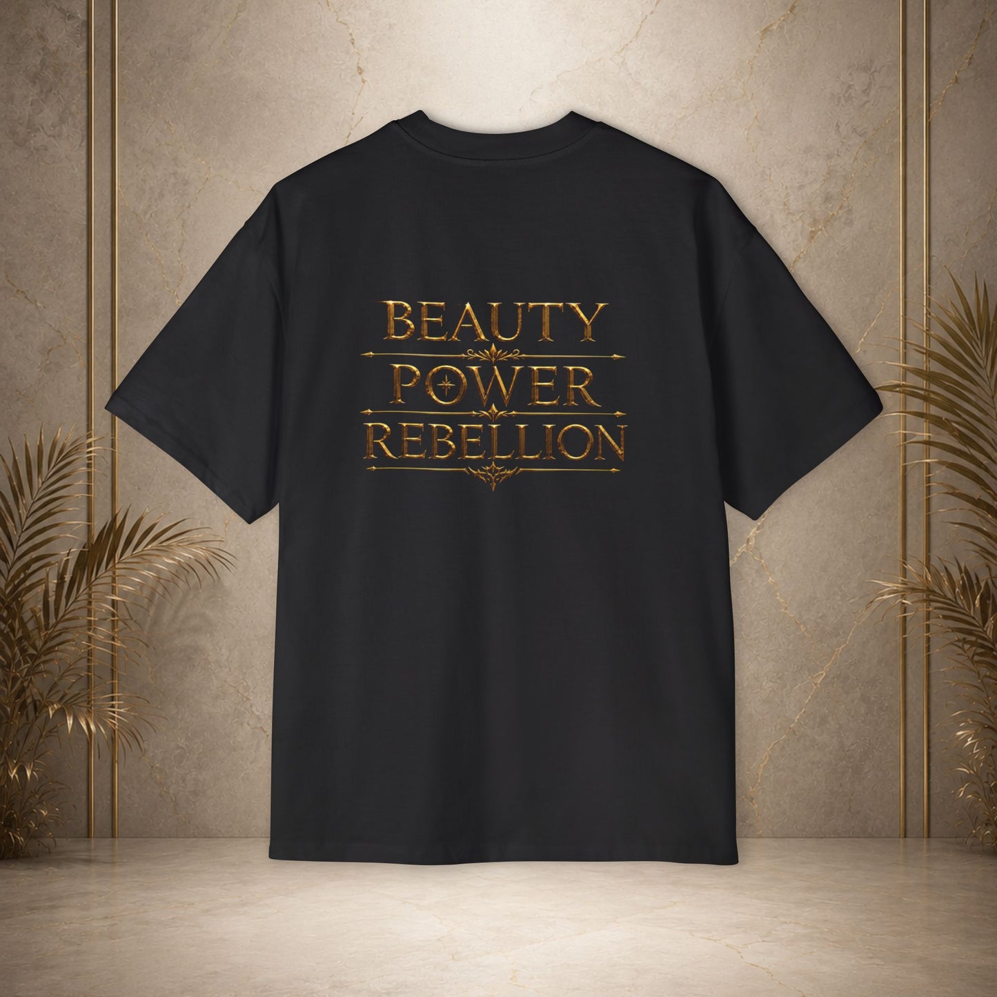 Oversized Tee — "Beauty, Power, Rebellion" Gold House Lilith Crest