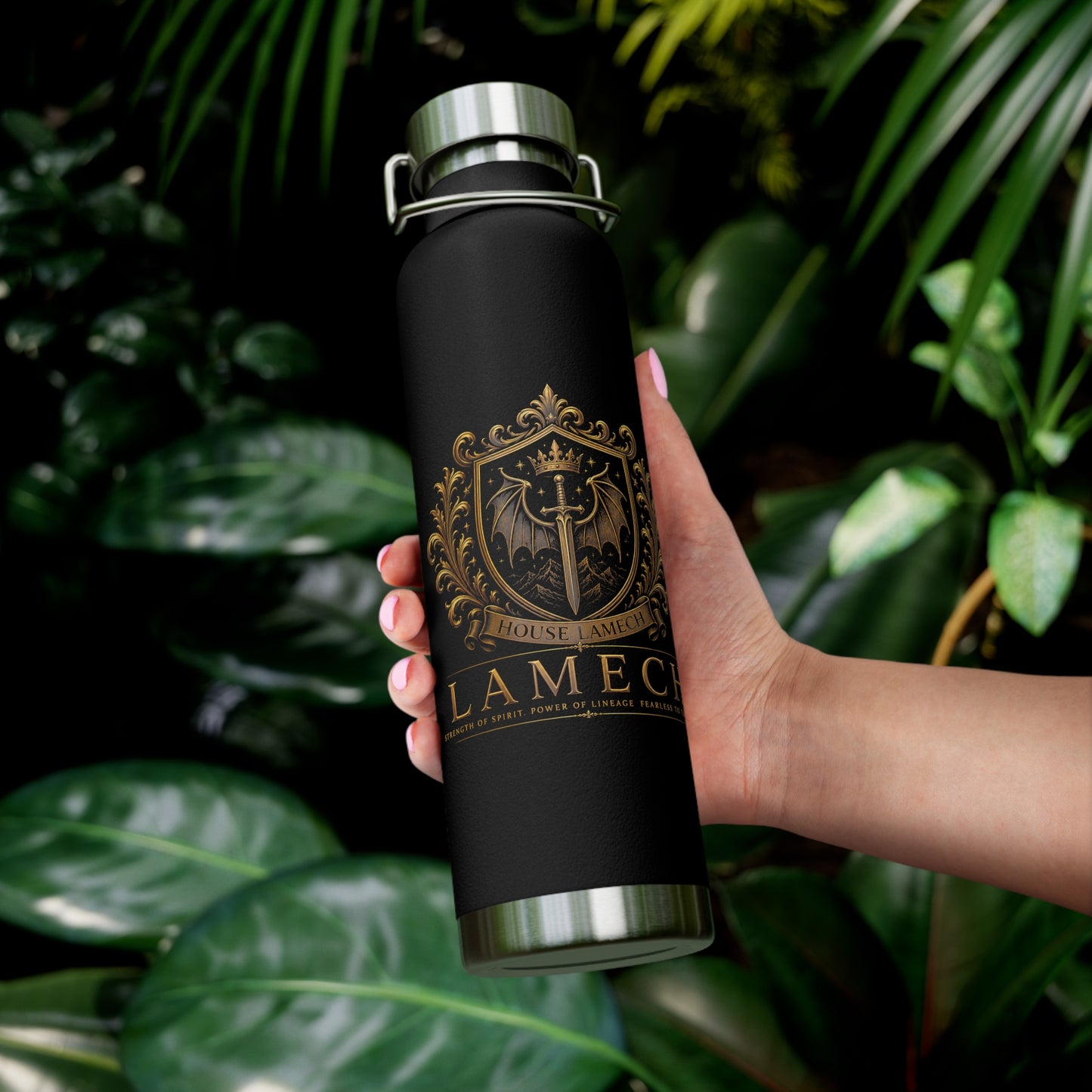 22oz Copper Vacuum Insulated Bottle — Black Matte with Ornate Gold Lamech Crest