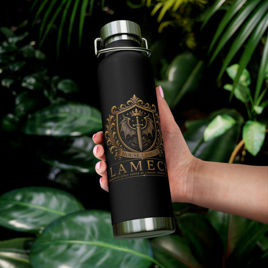 22oz Copper Vacuum Insulated Bottle — Black Matte with Ornate Gold Lamech Crest