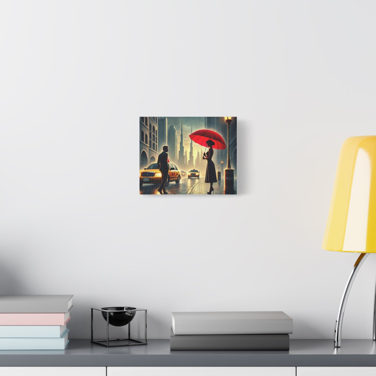 Rainy Night Romance Canvas Print — Woman with Red Umbrella Street Scene Dubai