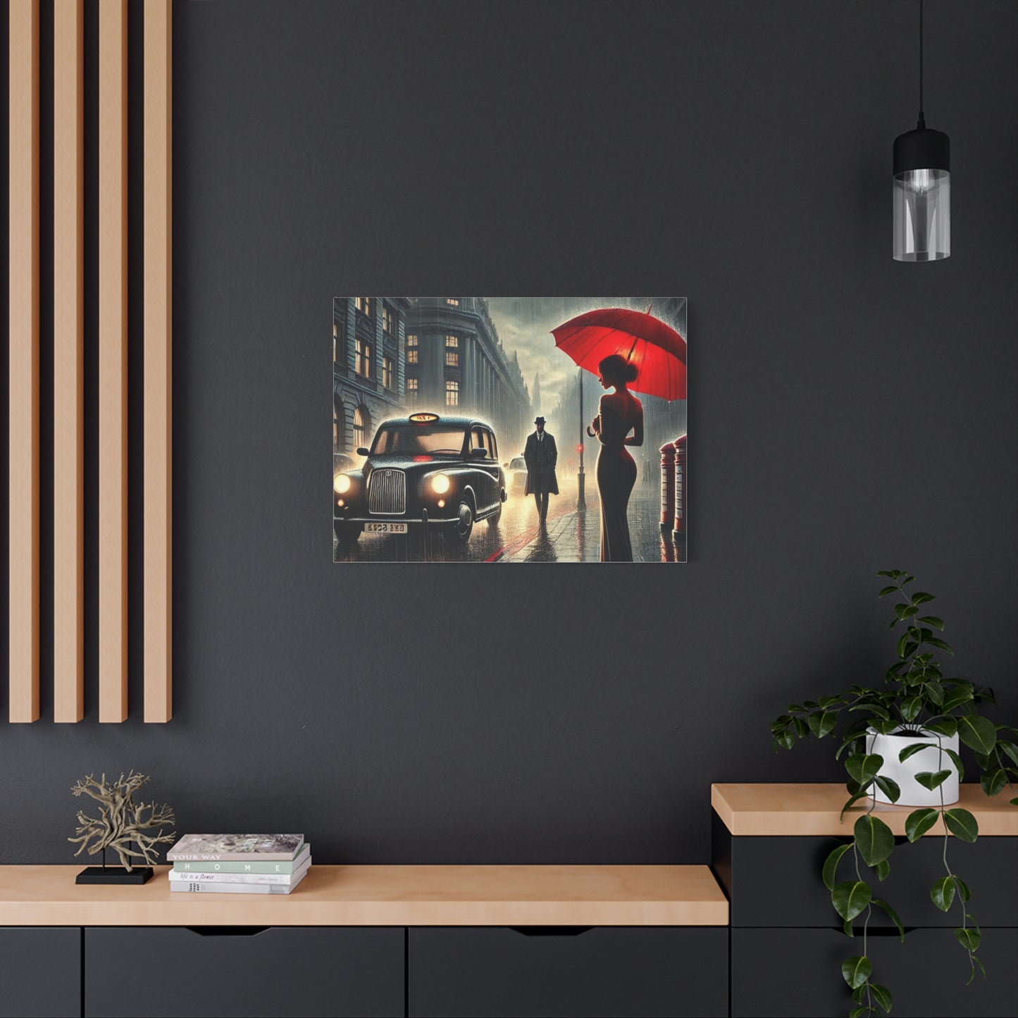 Rainy Night Romance Canvas Print — Woman with Red Umbrella Street Scene London