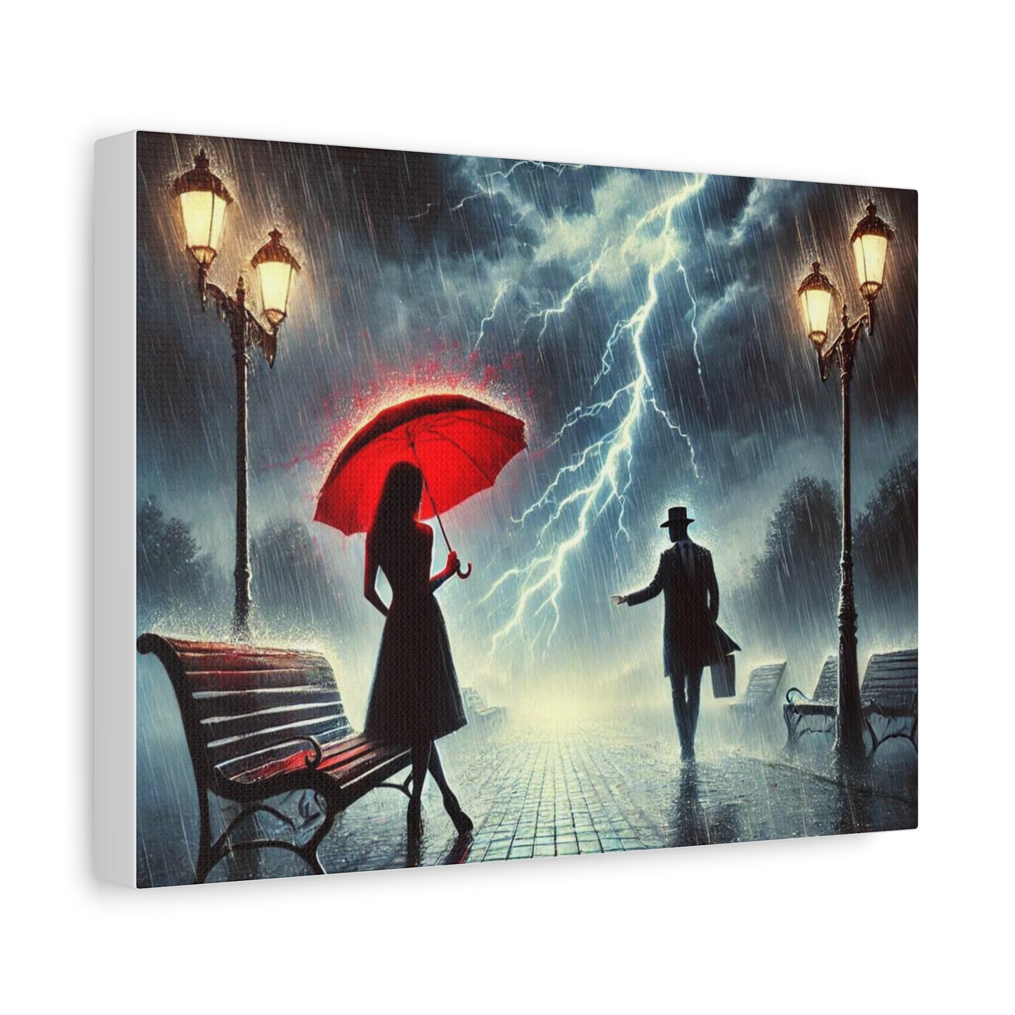Rainy Night Romance Canvas Print — Woman with Red Umbrella Street Scene