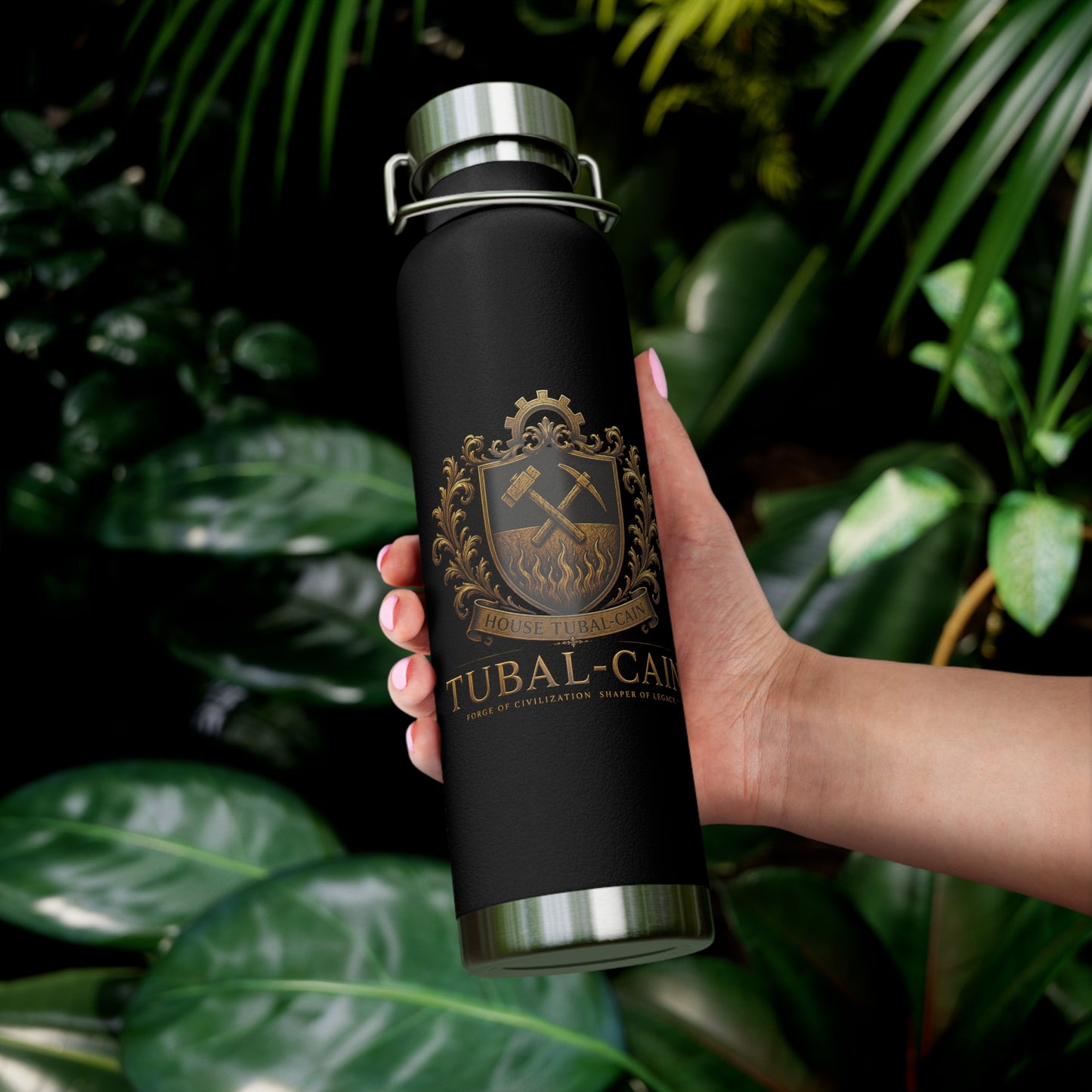 22oz Copper Vacuum Insulated Bottle — Black Matte with Ornate Gold Tubal-Cain Crest