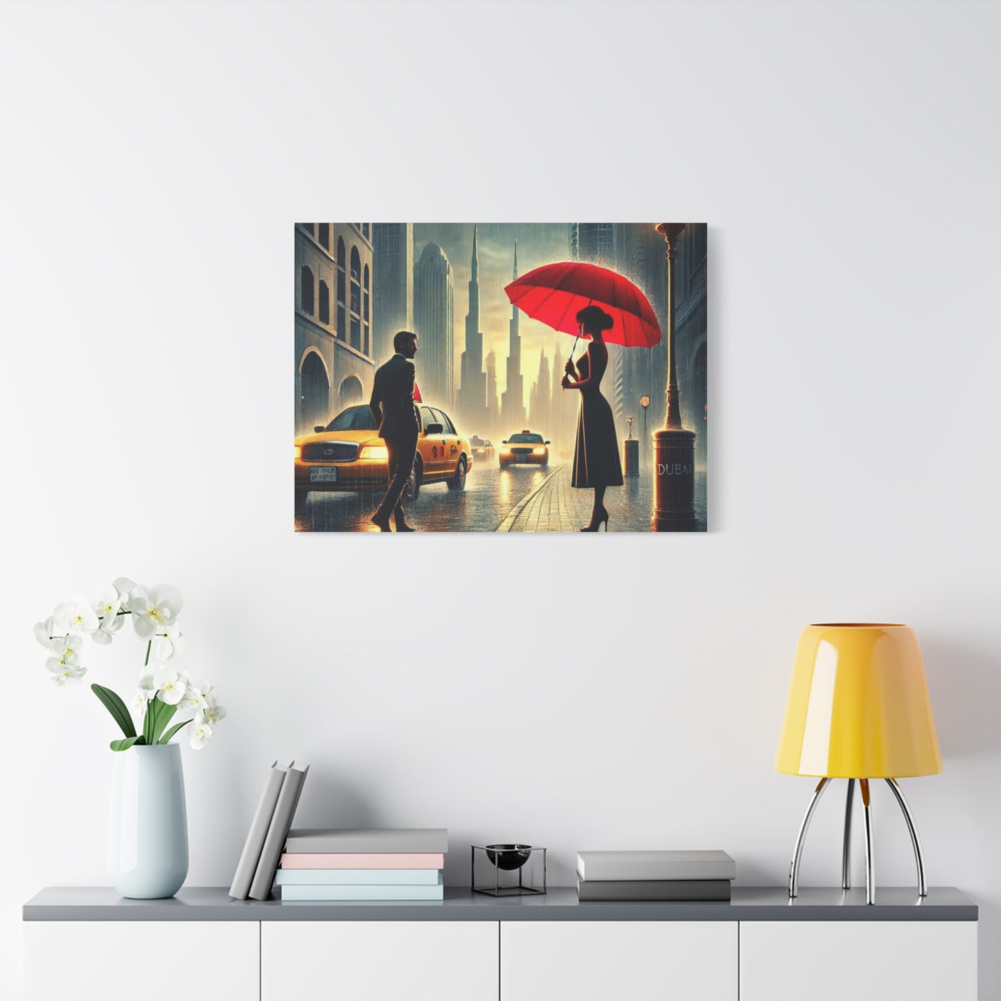 Rainy Night Romance Canvas Print — Woman with Red Umbrella Street Scene Dubai