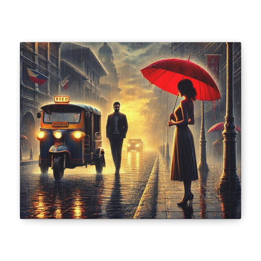 Rainy Night Romance Canvas Print — Woman with Red Umbrella Street Scene Manila