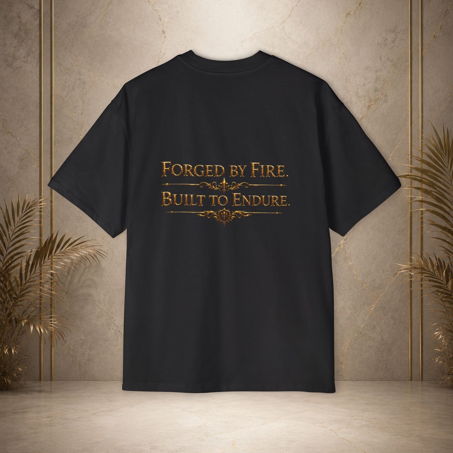 Oversized Tee — "Forged by Fire" Gold House Tubal-Cain Crest