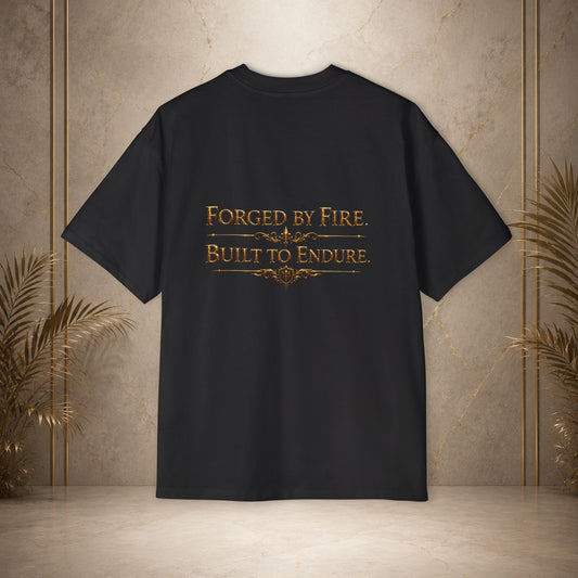 Oversized Tee — "Forged by Fire" Gold House Tubal-Cain Crest