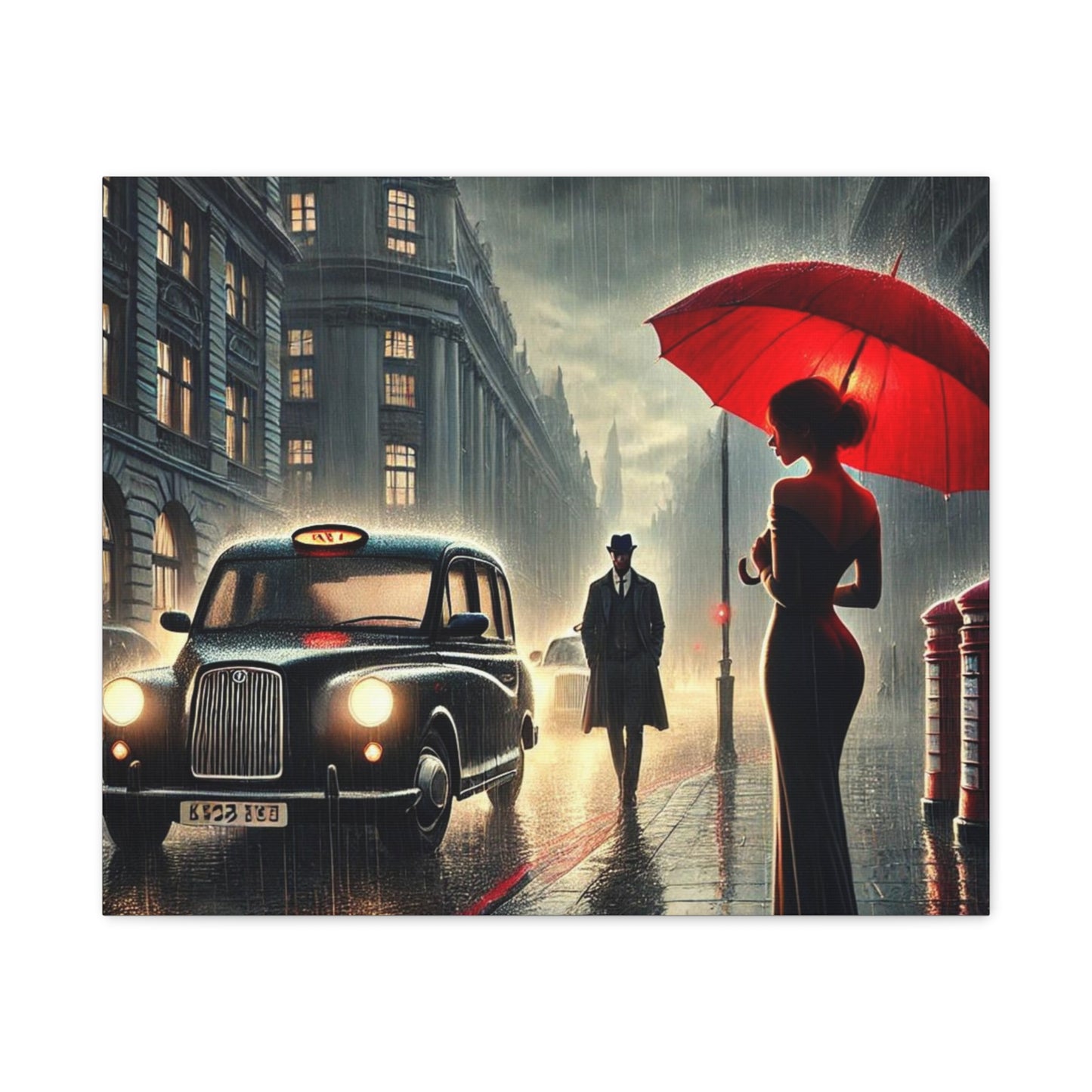 Rainy Night Romance Canvas Print — Woman with Red Umbrella Street Scene London