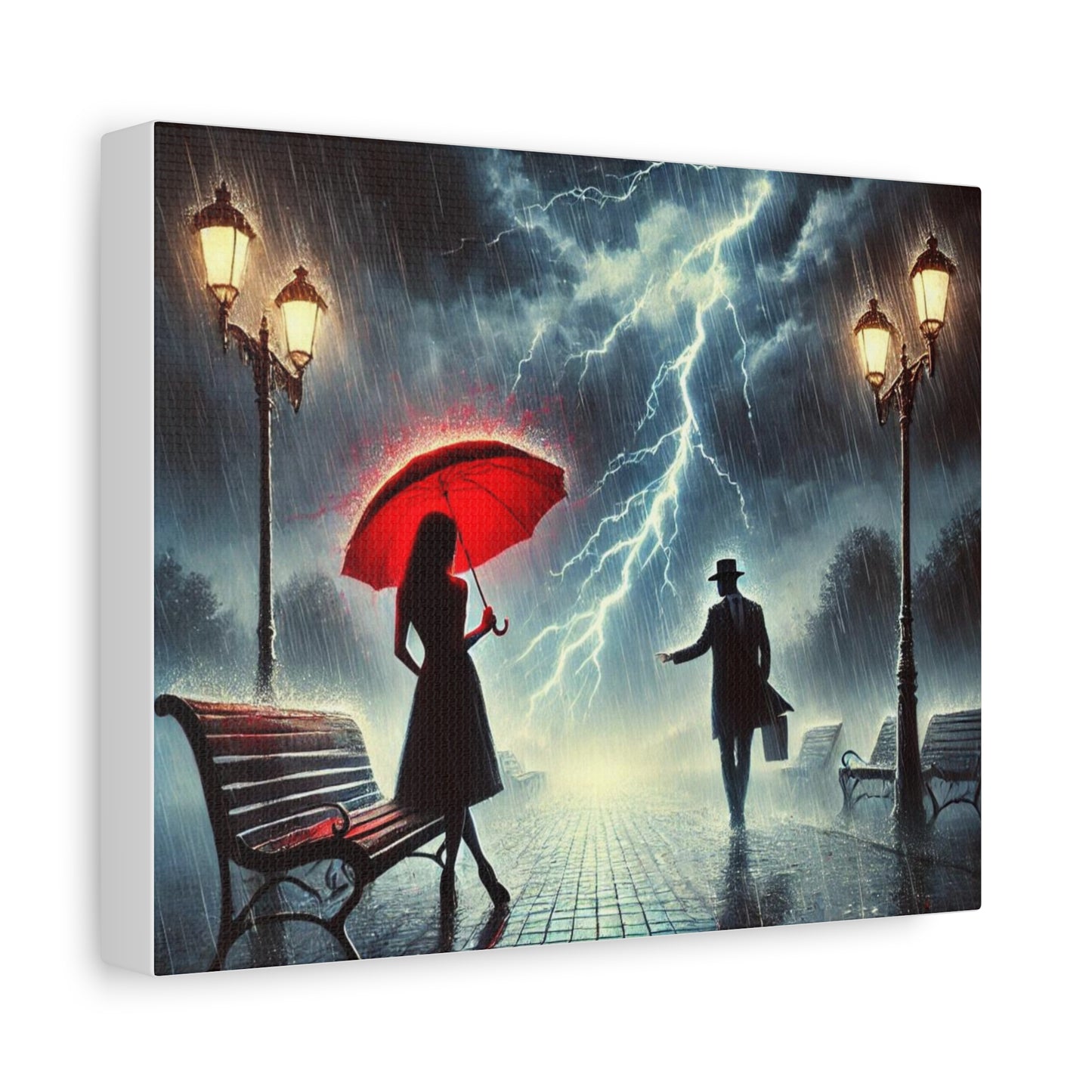 Rainy Night Romance Canvas Print — Woman with Red Umbrella Street Scene