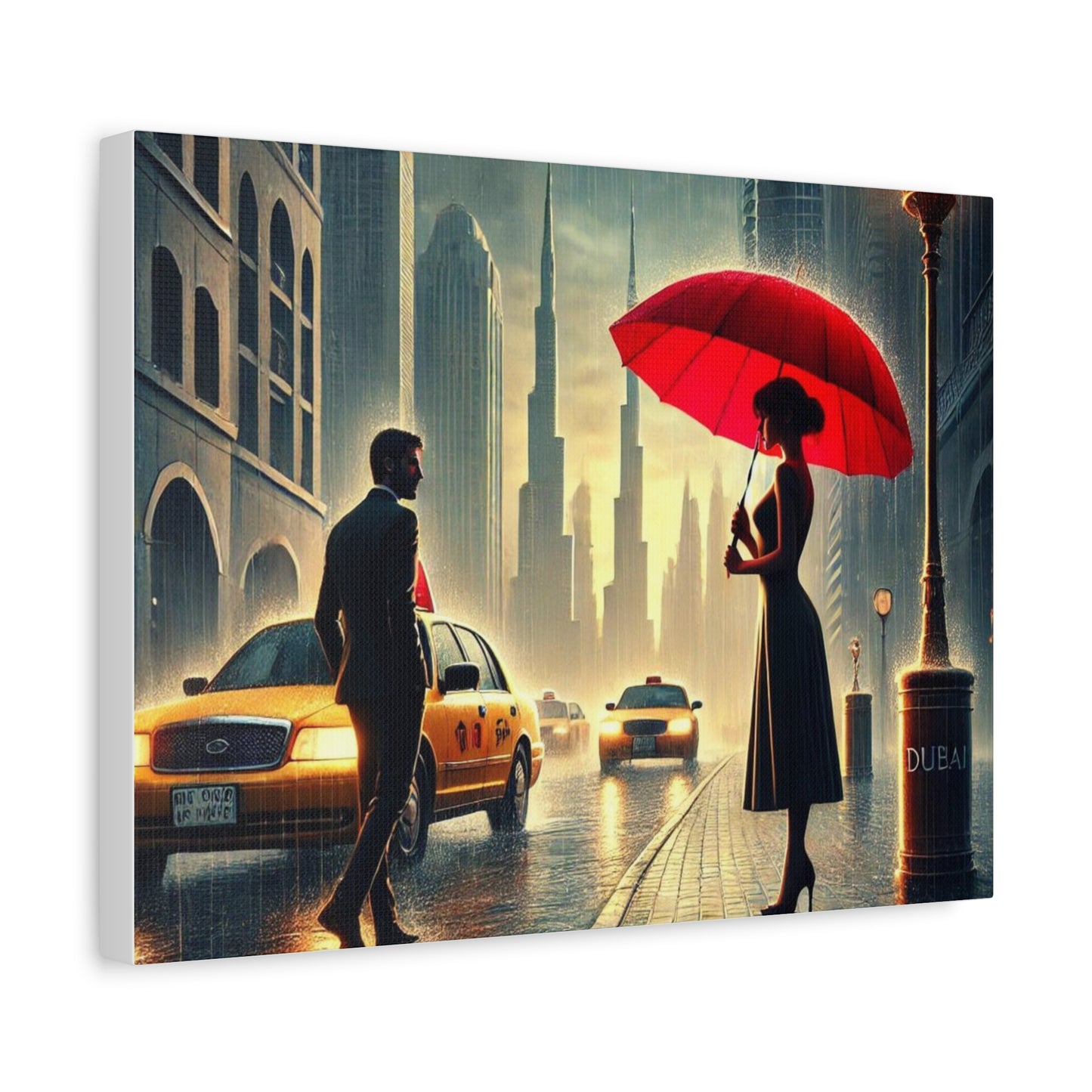 Rainy Night Romance Canvas Print — Woman with Red Umbrella Street Scene Dubai
