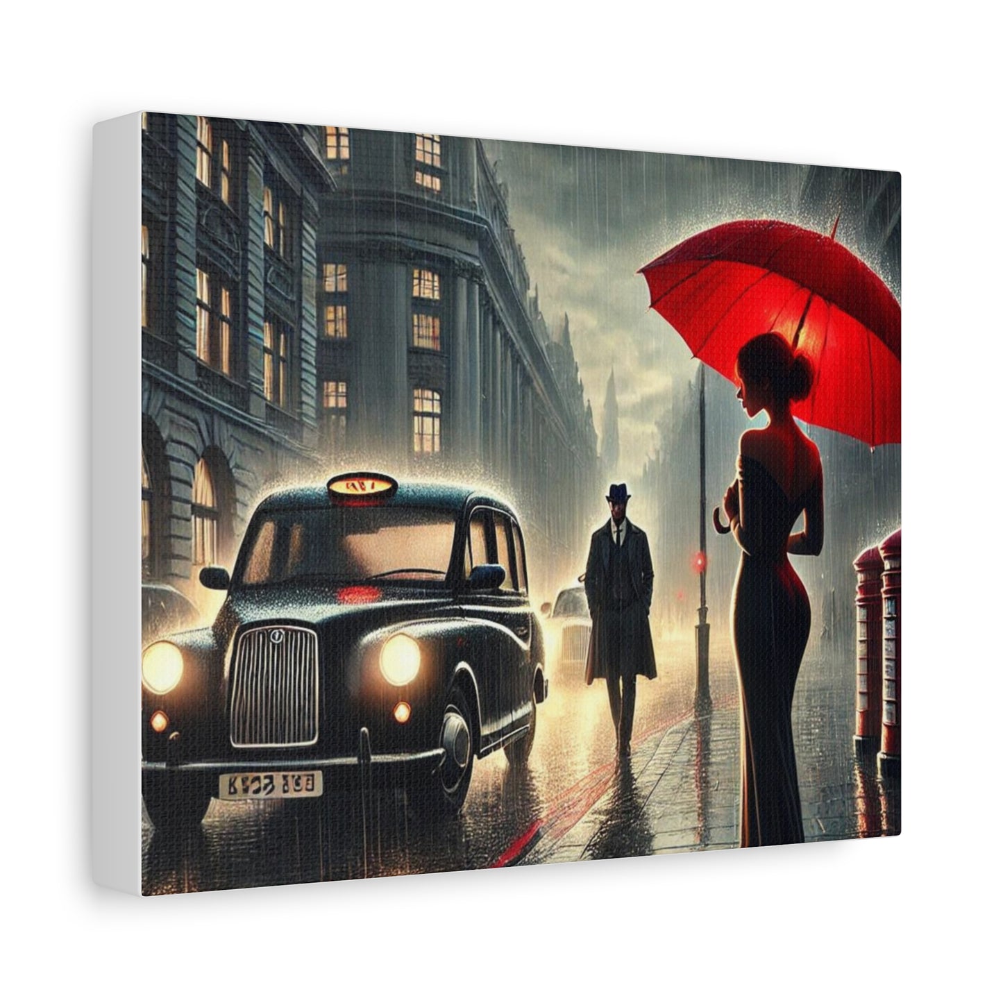 Rainy Night Romance Canvas Print — Woman with Red Umbrella Street Scene London