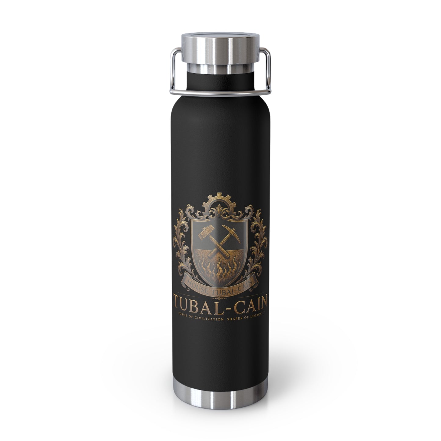 22oz Copper Vacuum Insulated Bottle — Black Matte with Ornate Gold Tubal-Cain Crest
