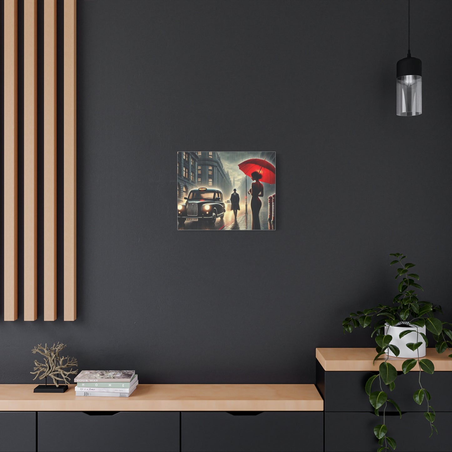 Rainy Night Romance Canvas Print — Woman with Red Umbrella Street Scene London