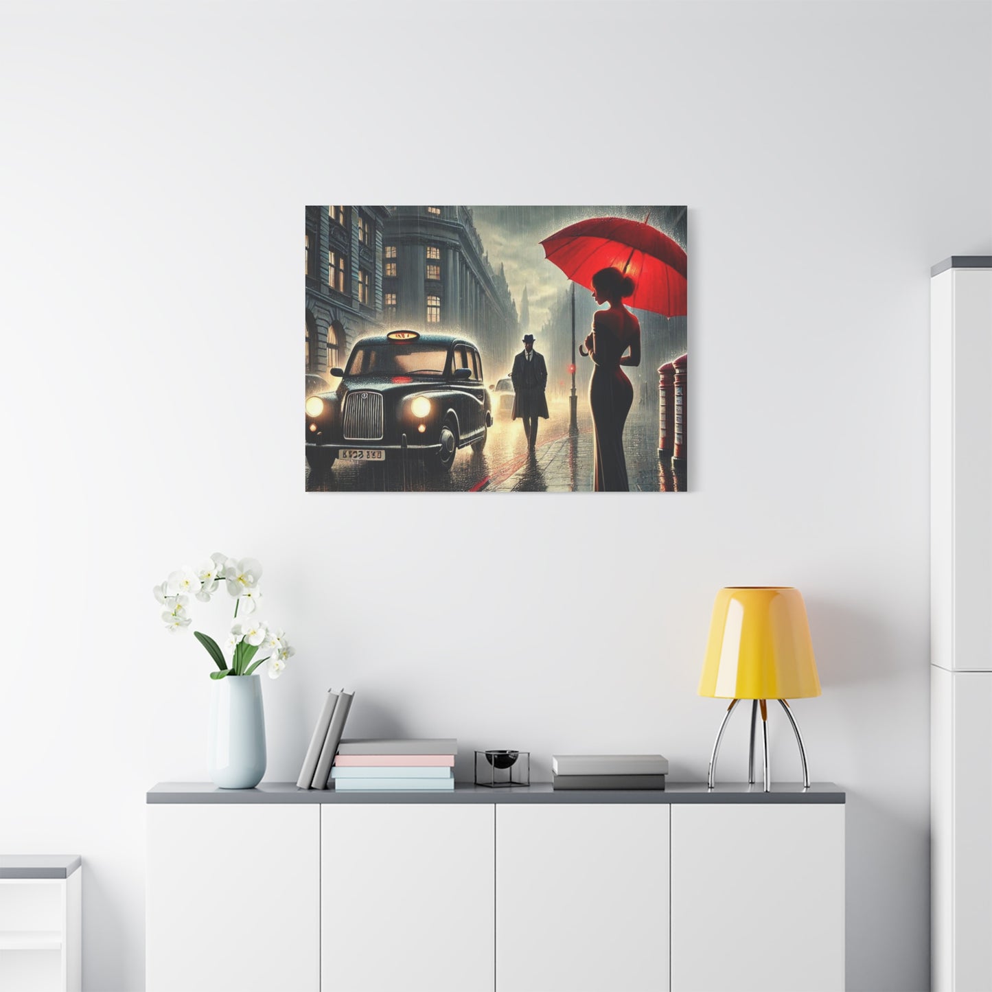 Rainy Night Romance Canvas Print — Woman with Red Umbrella Street Scene London