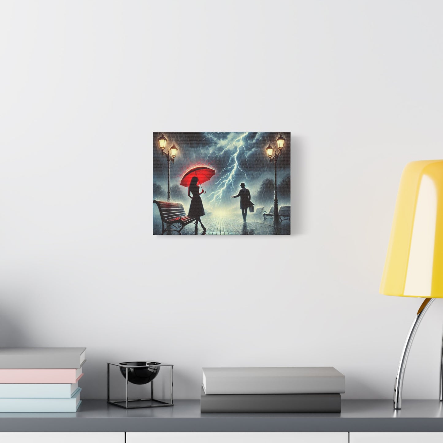 Rainy Night Romance Canvas Print — Woman with Red Umbrella Street Scene