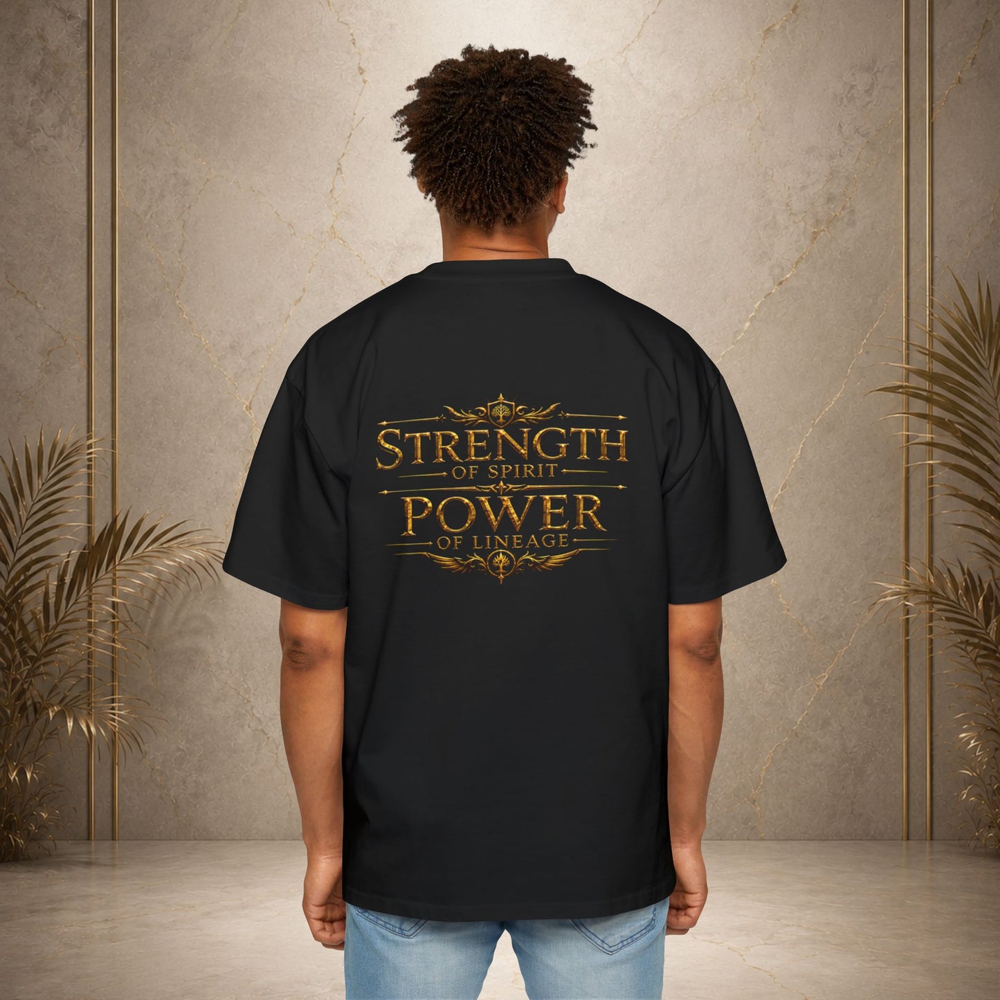Oversized Tee — "Strength of Spirit, Power of Lineage"  Lamech Gold Chest Crest