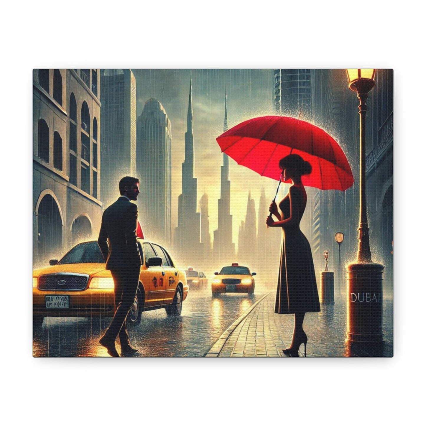 Rainy Night Romance Canvas Print — Woman with Red Umbrella Street Scene Dubai