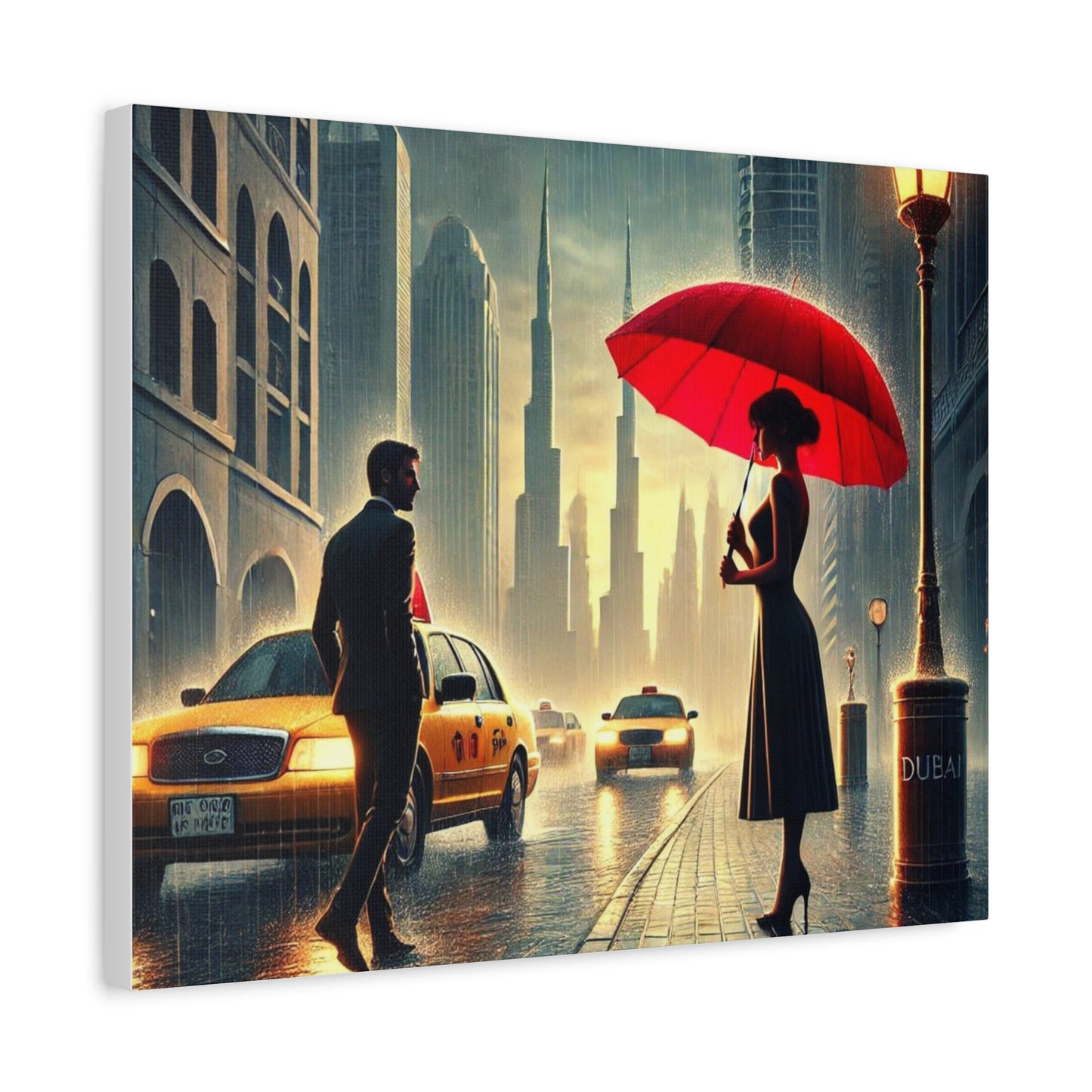 Rainy Night Romance Canvas Print — Woman with Red Umbrella Street Scene Dubai