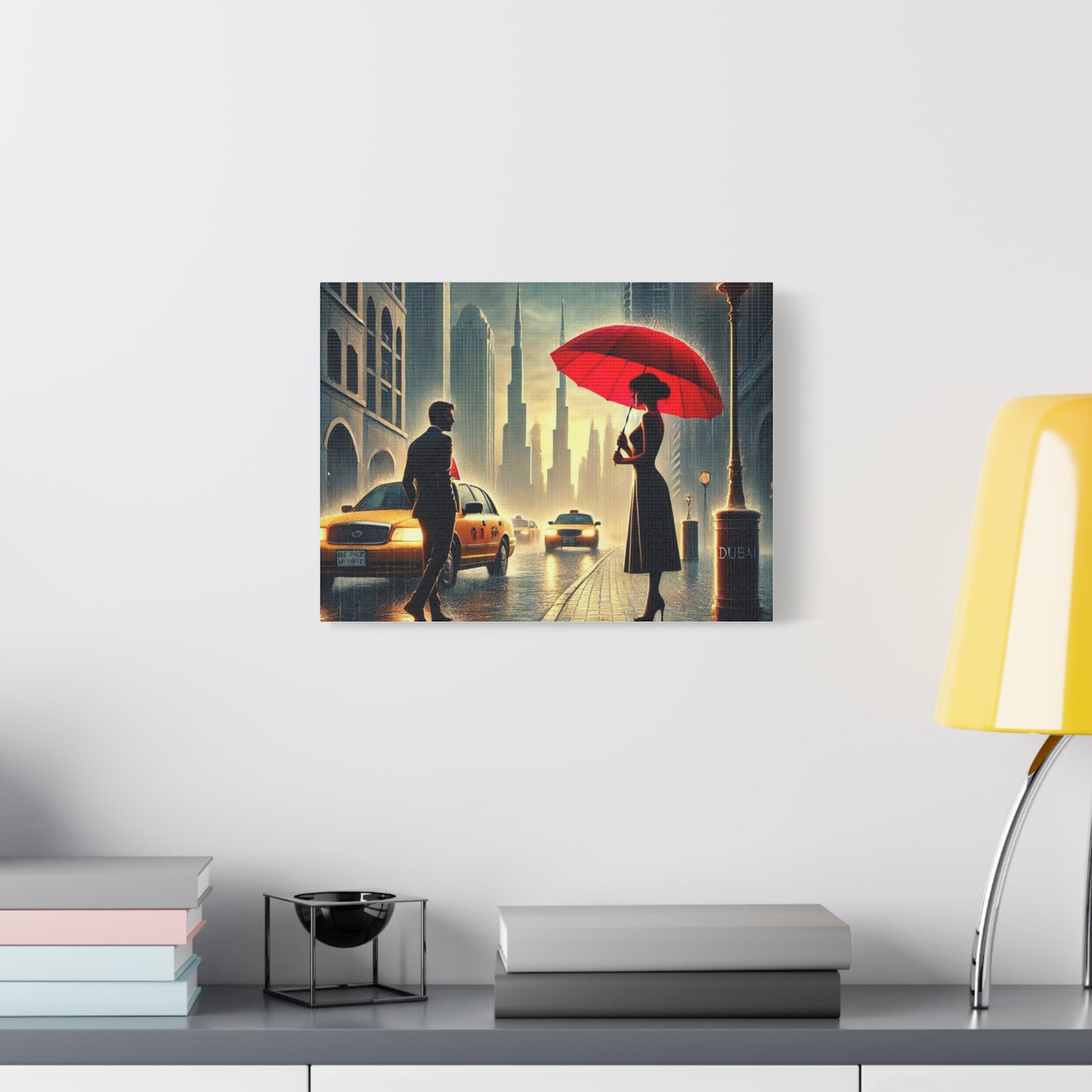 Rainy Night Romance Canvas Print — Woman with Red Umbrella Street Scene Dubai